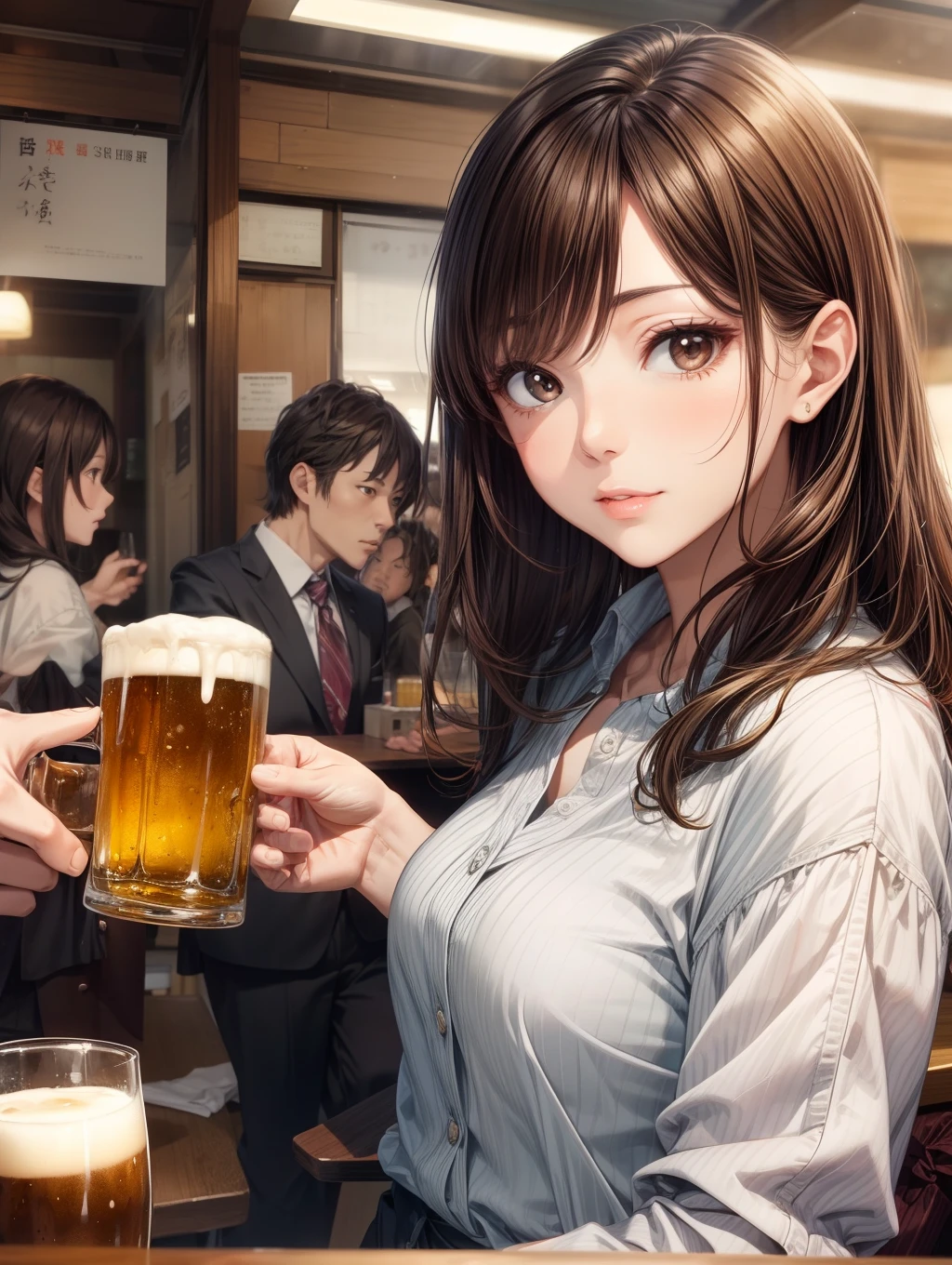 Best Quality, masutepiece, beautiful mature women、Beautiful face、Strong-minded woman、Office Suits、brown haired、Brown-eyed、Longhaire、Undersized eyes、natta、overtime、beer、The background of yakiniku is an izakaya、Mobs、Grilled meat