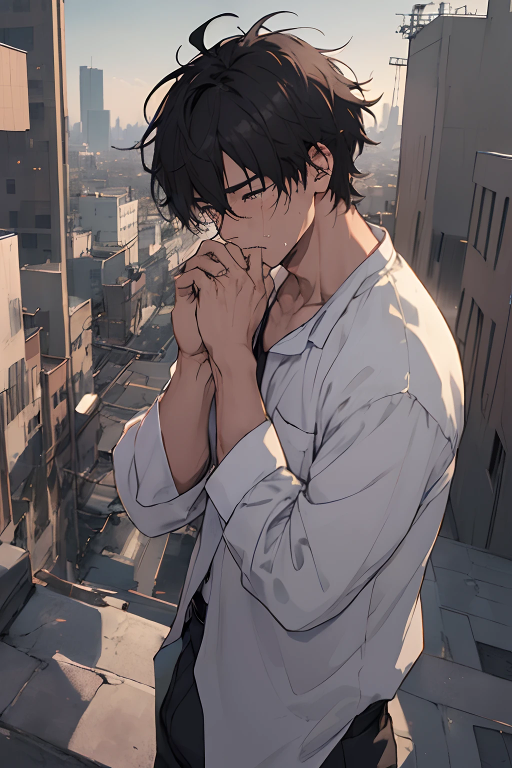 tears、Crying a lot、Crying face、Looking down、be shy、1male people、masterpiece、top-quality、超A high resolution、evening、A city scape、depth of fields、short black messy hair、Solo Male