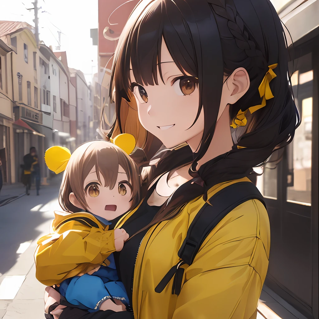 (masutepiece, Best Quality, Capture super cute moments, depth of fields, ultra-detailliert, Ultra High Resolution, C4D, Octadale, 3D Modeling, 8K, one girls、25-years old、A dark-haired、straight haired、Light brown eyes,hair adornments、Yellow jacket、Black pants、(ssmile)、(Holding a baby)、