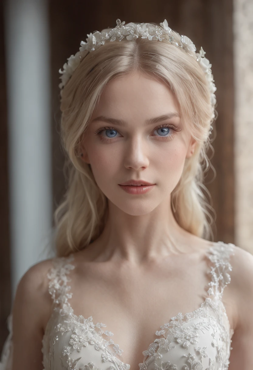 1 beautiful girl, full bodyesbian, standing photo, White wedding dress, Soft dress, blond hairbl, Blue eyes, Wavy hair, Masterpiece, Diffuse flex illumination, Portrait, Best quality (Perfect face:1.4), Ultra-realistic highly detailed, complex and realistic simulation style photos,Focus clearly on the eyes, Cinematic lighting, studio shoot, gorgeous posture