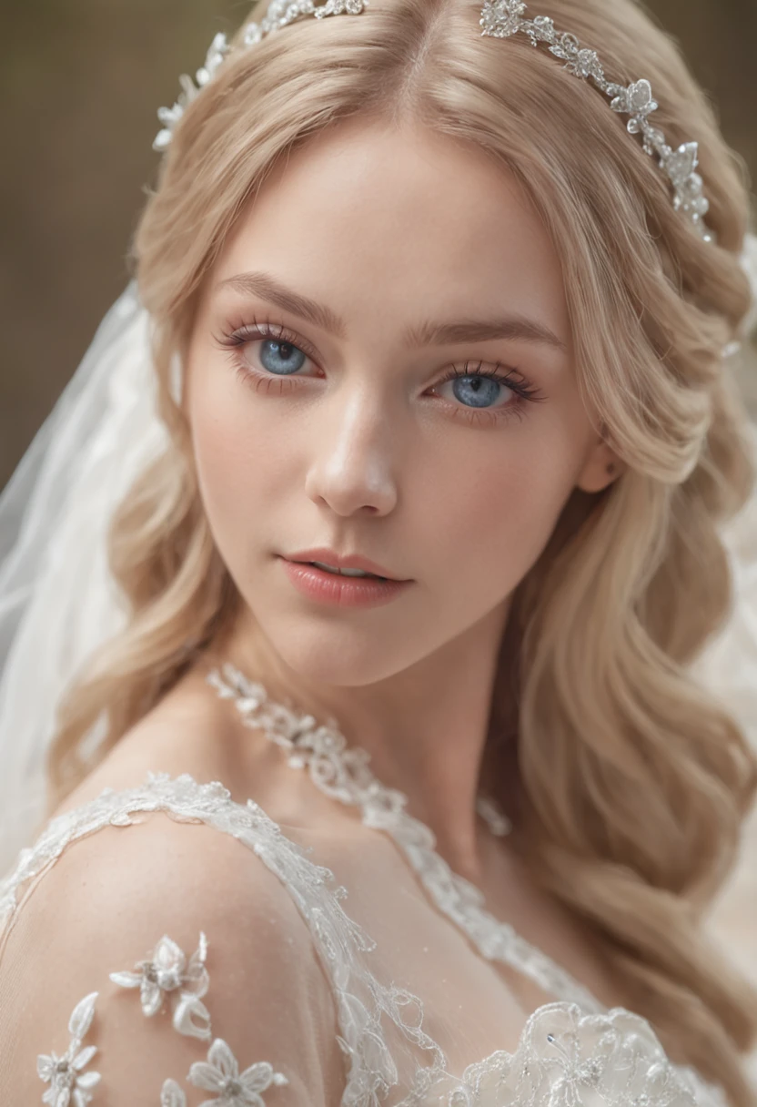 1 beautiful girl, full bodyesbian, standing photo, White wedding dress, Soft dress, blond hairbl, Blue eyes, Wavy hair, Masterpiece, Diffuse flex illumination, Portrait, Best quality (Perfect face:1.4), Ultra-realistic highly detailed, complex and realistic simulation style photos，Focus clearly on the eyes, Cinematic lighting, studio shoot, gorgeous posture