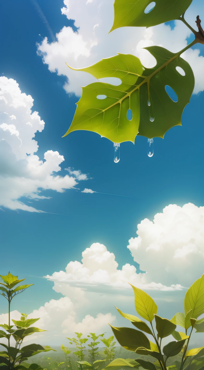 leafs，Dewdrops。Skysky，Clouds