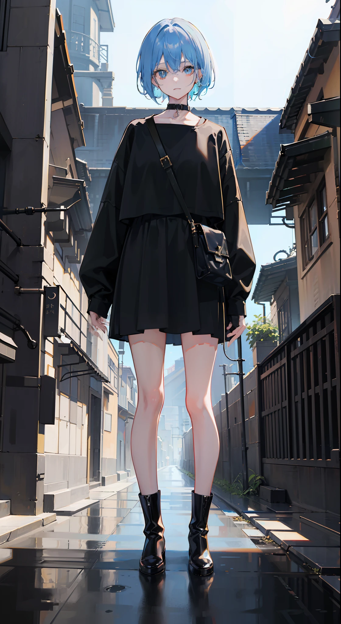 hightquality、masutepiece、Standing picture、1girl with、full body Esbian、Light light blue hair、short-hair、Colored Sunglasses、happy facial expression、Simple black outfit、Very simple clothes、wearing black boots、facing front、simple background、White background、Daylighting from the front、Everything from head to foot、
