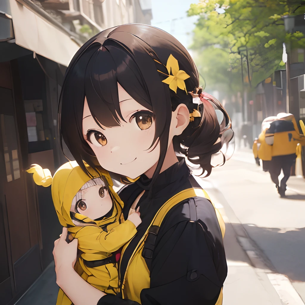 (masutepiece, Best Quality, Capture super cute moments, depth of fields, ultra-detailliert, Ultra High Resolution, C4D, Octadale, 3D Modeling, 8K, one girls、25-years old、A dark-haired、straight haired、Light brown eyes,hair adornments、Yellow jacket、Black pants、(ssmile)、(Holding a )、