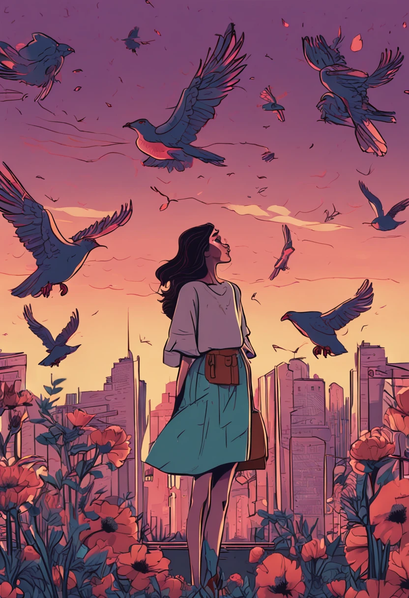 City beauties hold flowers in their hands and smell the sunset pigeons flying from the sky