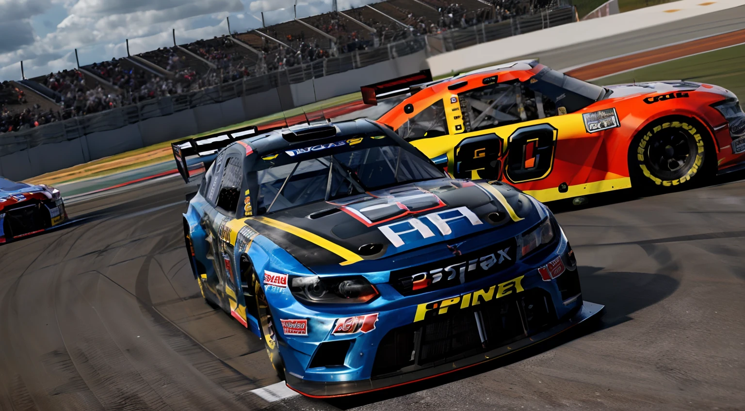 Screenshot of NASCAR racing game, nascar race, nascar, promotional render, crisp smooth lines, daniel maidman octane rendering, motorsports photography, photo realistic”, e-Sport, photorealistic”, photorealistic ”, inspired by James Gurney, EA Games, Edited, author：Ronnie Landfield, cover shot, spears, CG rendering, new ai race, unbiased render