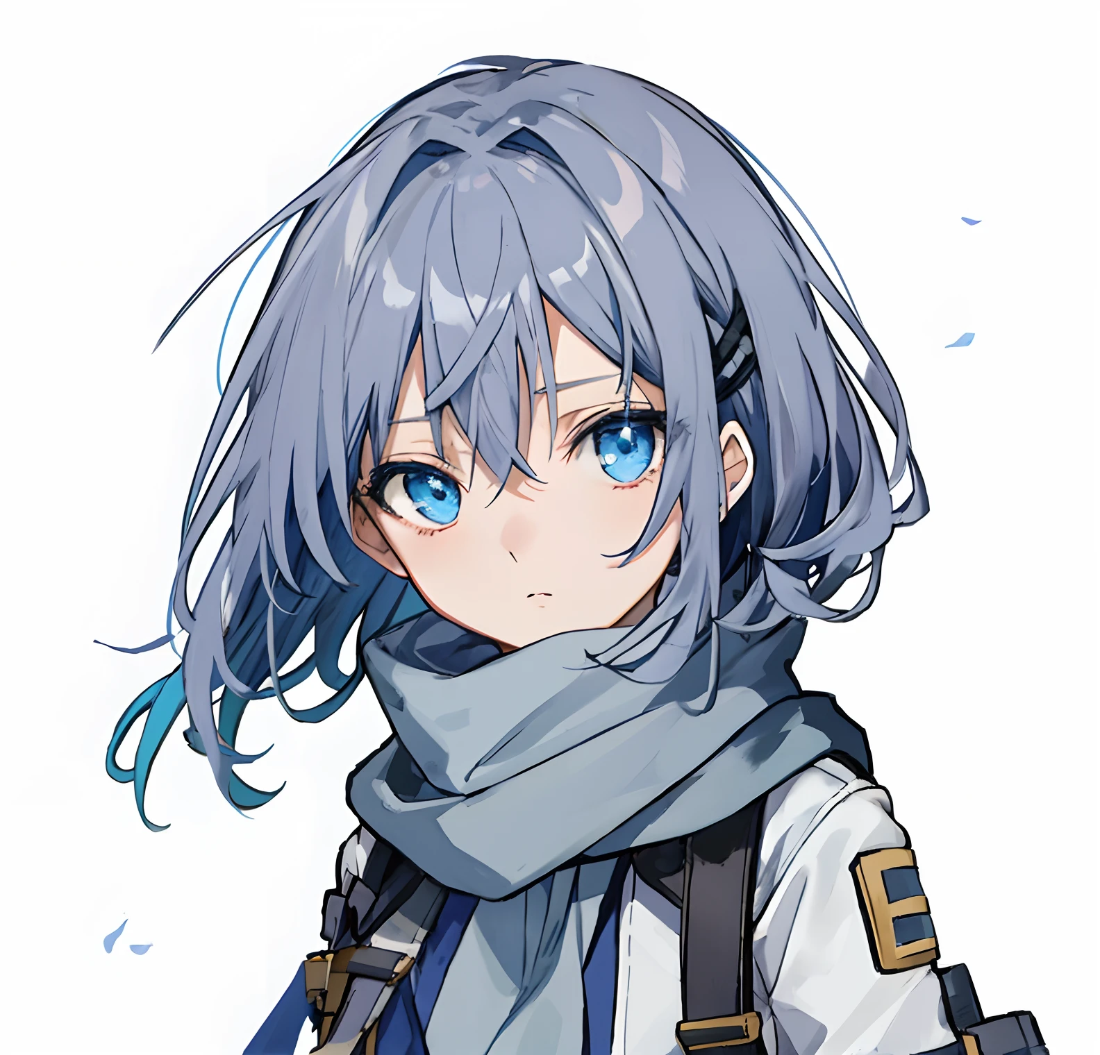 Anime girl with blue eyes and scarf, Short hair,side locks,hair intakes,Expressionless,wind coat,Skirt,Scarf, mitts, leg belt, arm belt, hair pin, ,mitts ,hat ribbon,simplebackground