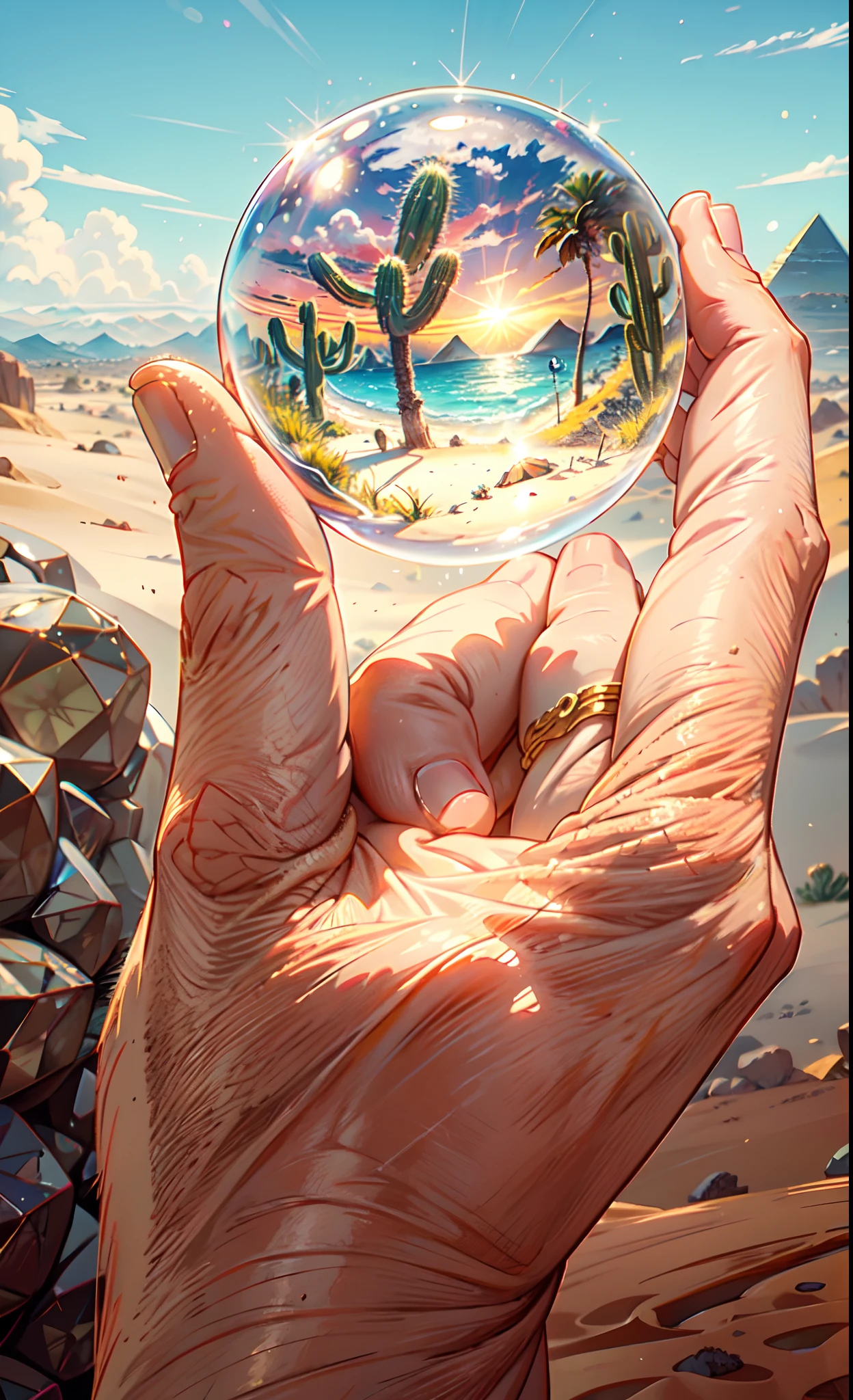 "a crystal sphere holding by a hand,(((Inside a crystal sphere))),(ultra wide angle), inside the sphere,A girl standing on a rock, gazing at the immense golden sand desert with a radiant sun overhead, lots of sand,against a backdrop of a clear sky adorned with fluffy clouds. Surrounding her, small cacti dot the landscape, and in the distance, a magnificent golden pyramid rises. This artwork is a true masterpiece, capturing every intricate detail, and it is currently trending on ArtStation due to its outstanding quality."