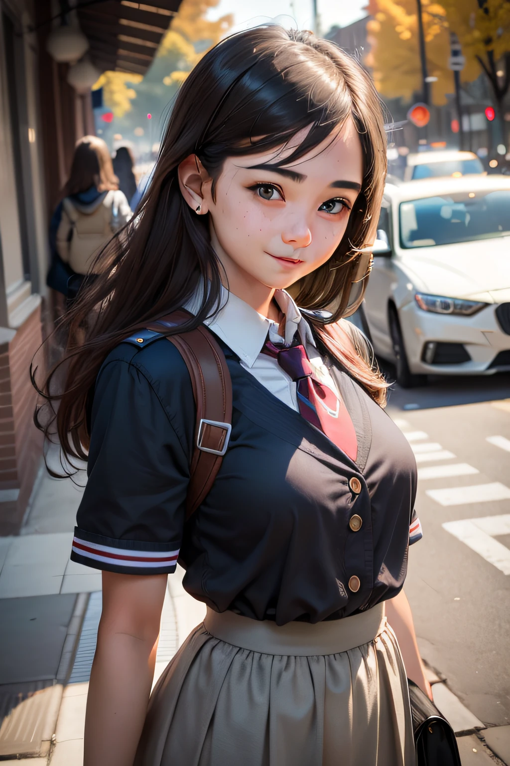 female high-school student，Usual street photography，realisticlying，A subtle smile，Erudition，Bust B