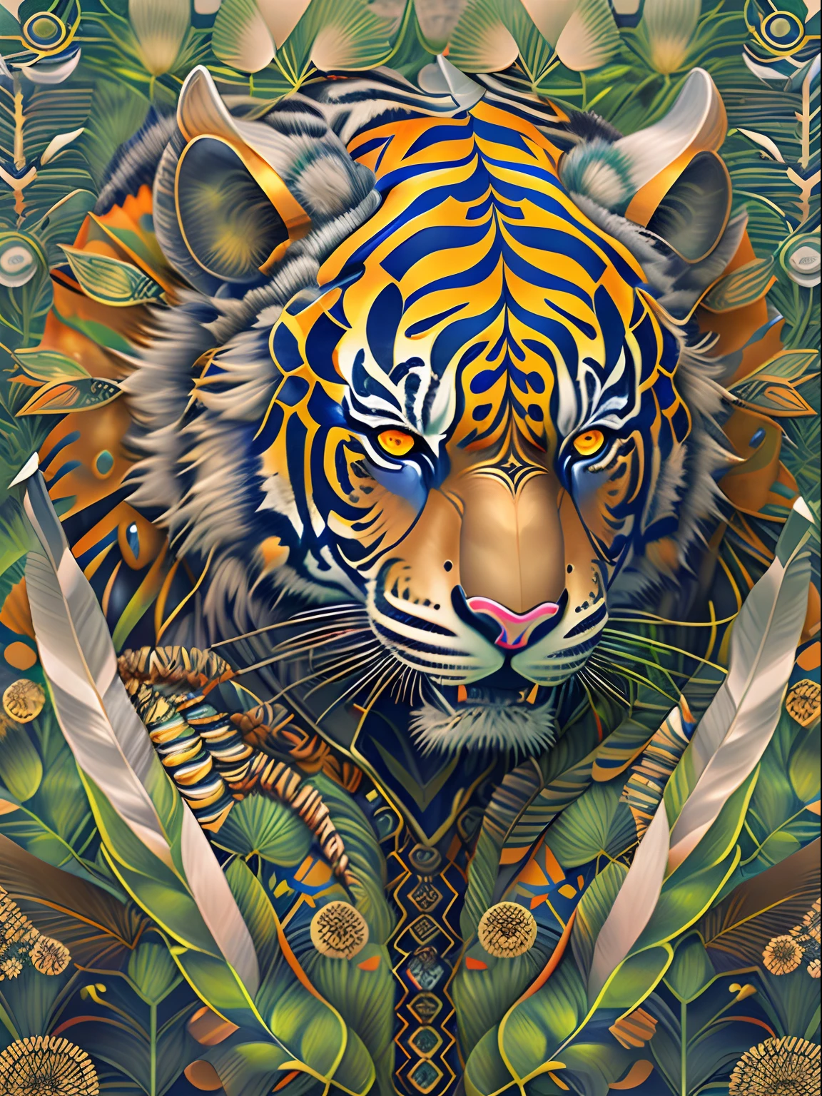 Android Mecha Tiger Warrior,droid,Ernst Haeckel, James Jean. generativeart, barroco, complex pattern, Fractorism, Movie Still, Photorealistic, Brilliant tiger feather, Convoluted, Elegant, Highly detailed, Digital Painting, art  stations, Smooth, Sharp Focus, Illustration, Outrun, Vaporware,Full body shot