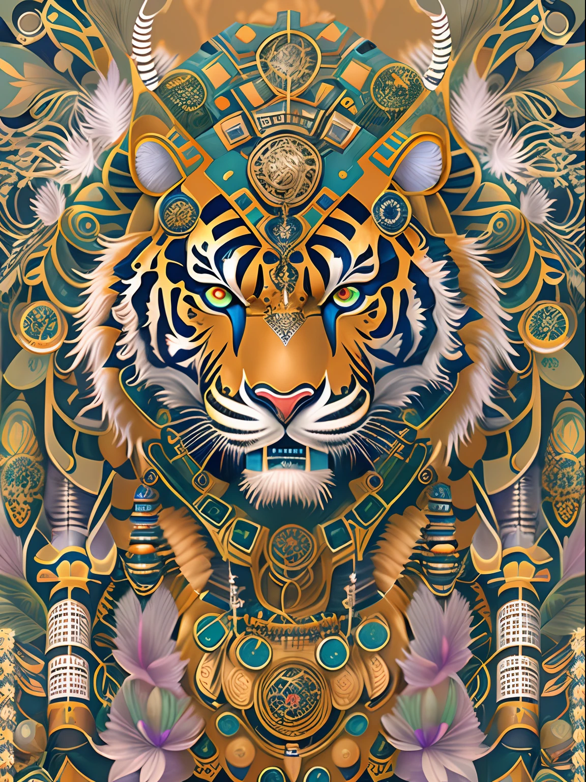 Android Mecha Tiger Warrior,droid,Ernst Haeckel, James Jean. generativeart, barroco, complex pattern, Fractorism, Movie Still, Photorealistic, Brilliant tiger feather, Convoluted, Elegant, Highly detailed, Digital Painting, art stations, Smooth, Sharp Focus, Illustration, Outrun, Vaporware,Full body shot