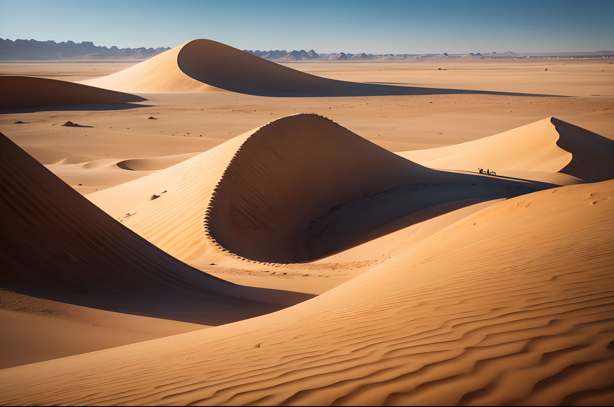 A barren and vast desert landscape with scorching sand dunes, an endless horizon, and a solitary figure bravely navigating the treacherous terrain.