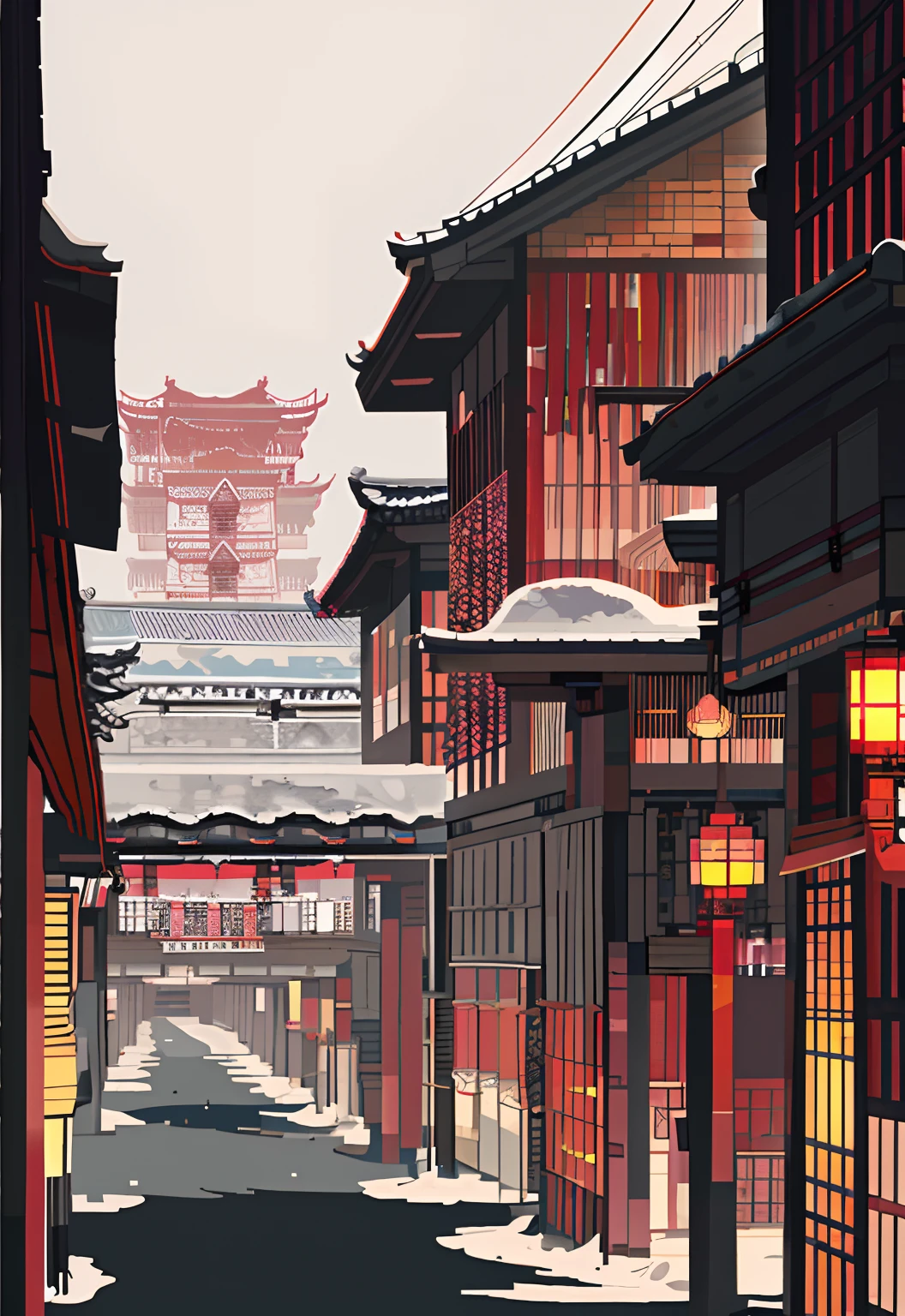 pixelart， Japanese-style architecture， 5 buildings， nevando， Bustling streets，akihabara，JK Maiden