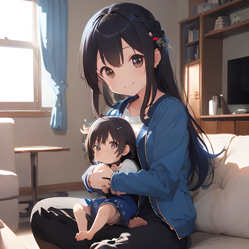 (masutepiece, Best Quality, Capture super cute moments, depth of fields, ultra-detailliert, Ultra High Resolution, C4D, Octadale, 3D Modeling, 8K, one girls、25-years old、A dark-haired、straight haired、Light brown eyes,hair adornments、Blue jacket、Black pants、(ssmile)、(Holding a )、(Sit in the living room)、(There is fruit on the table)、