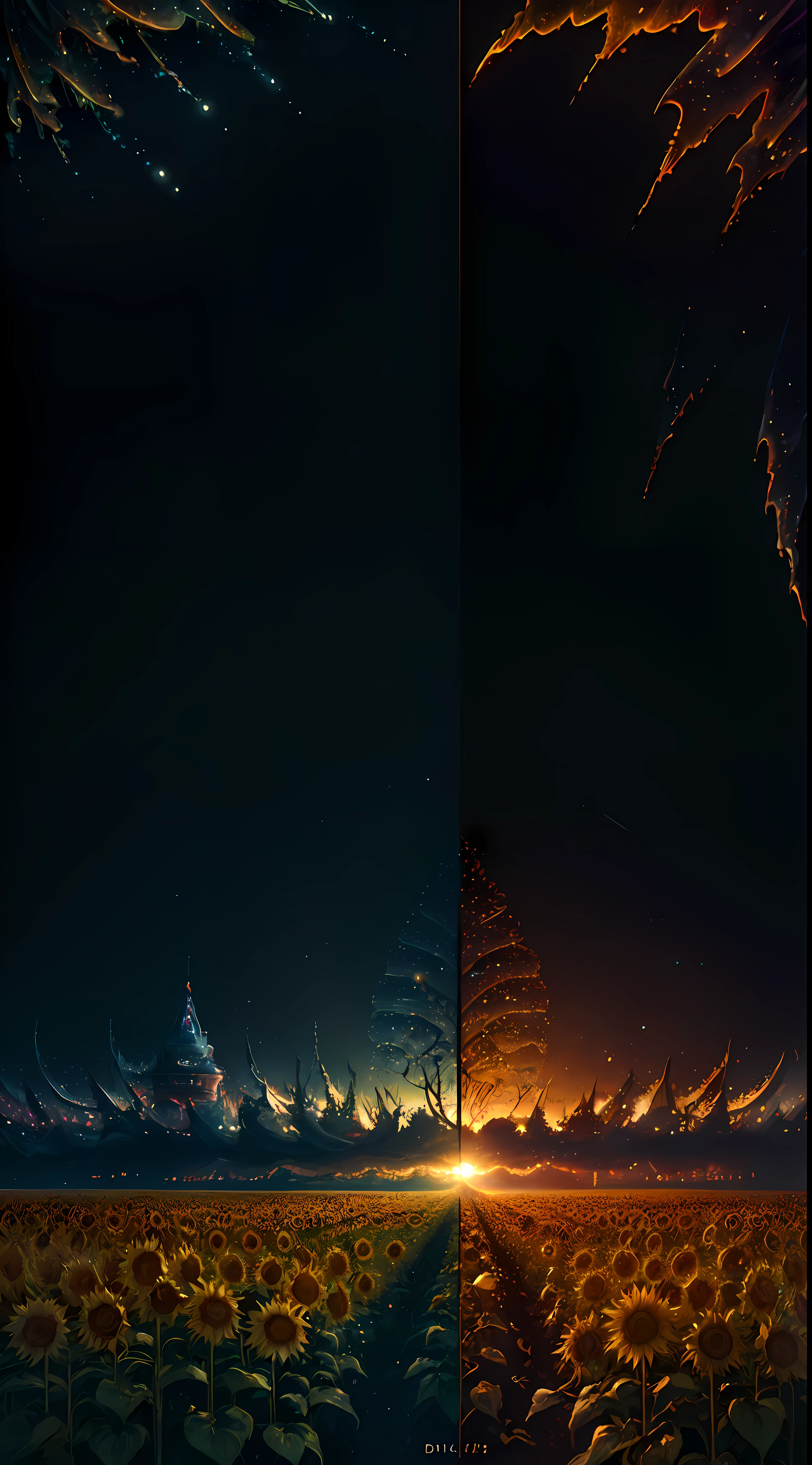 ((Midsummer Dusk)),sunflowers fields、Seven colors，twlight、glitched::1.6, Digital Noise,(Best Impact:1.5), (maximalism:1.8), Vivid contrast, (Realistic), hyperrealistic illustrations, hight resolution, ultra-detailliert, absurderes,(Fractal Art:1.3)、Precise focus、randome pose、cinema4d、Drama