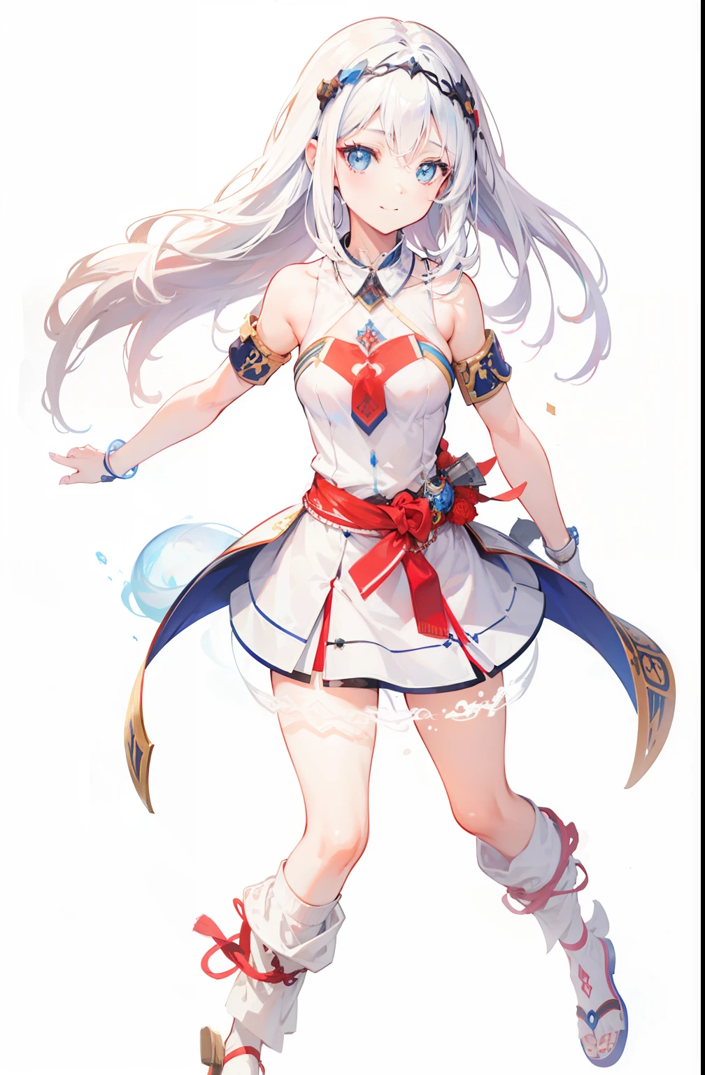 White background, Attractive Blue Eyes, animesque, disheveled hair that is down to the shoulders, white hair, looking happy smile, full bodyesbian, No tie, Women's miniskirts, 14years, Anime-style beautiful girl, hyper detailed painting, luminism, 4K resolution, 3d rendered, octan render, complexly detailed, Cinematic, Trending in art stations,Isometric Centered Hyper Realistic Cover Photo Awesome Full Color, handdraw, big-boned, Realistic Musa, Intricate, hit definition, Cinematic, rough sketch, thickline, On paper,Red tie