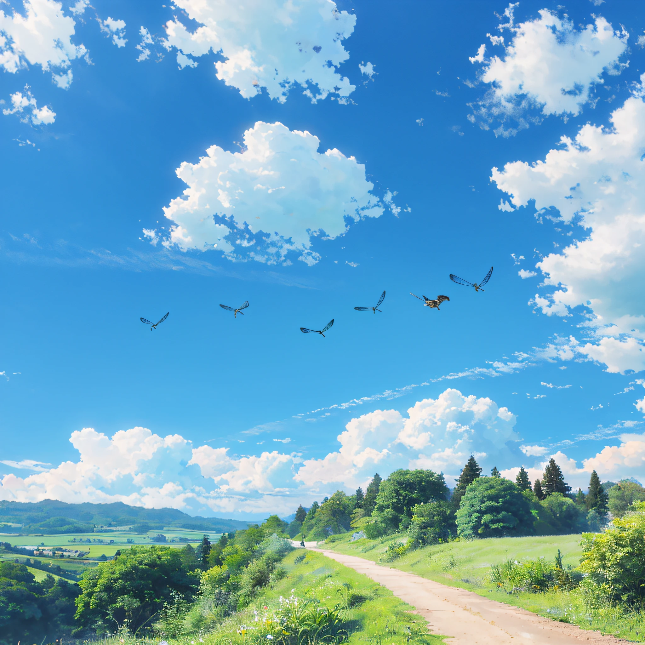 (country road)+(with blue sky and white clouds)+(Dense woods)+(There are a lot of dragonflies flying)