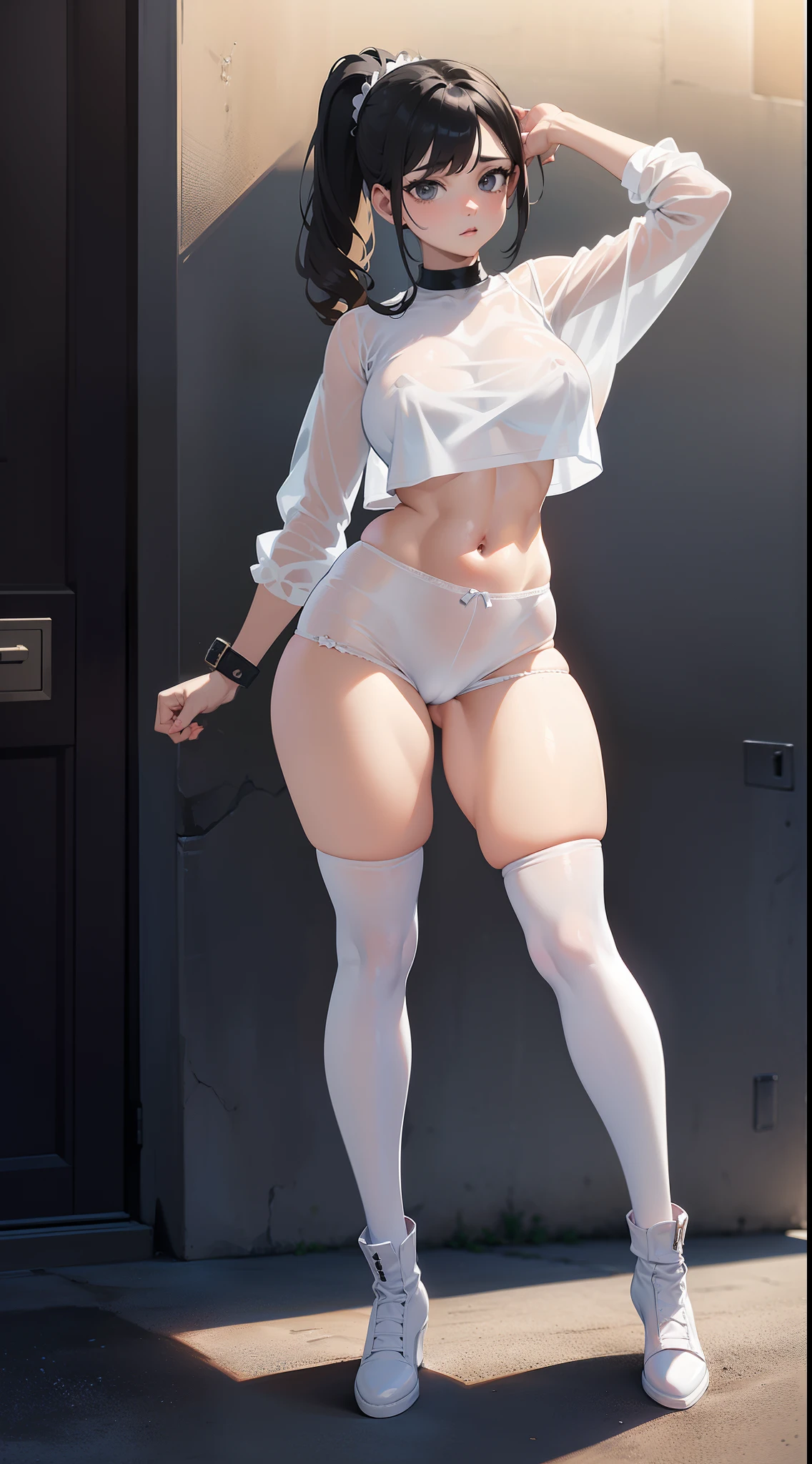 (masterpiece,best quality,perfect anatomy:1,0),(detailed eyes,detailed face,perfect face:1,0),(large breast,thick thighs,sexy:1,0),(black hair,black eyes,side pony tail:1,1),(full body shoot,age different,13 Year old:1,1),(standing,arms behind head,cute face:1,0),(white crop top See through on underwear,hot pants:1,0),shoes,look at viewers