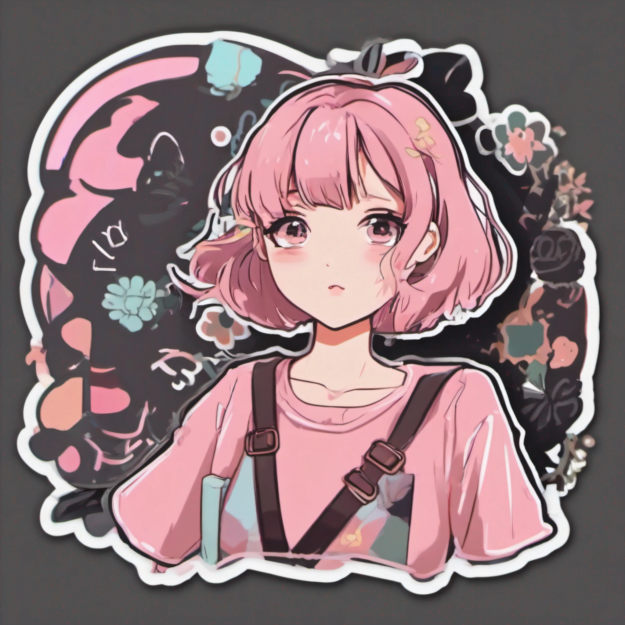 1 sticker, handbook, (a stylish girl, model, pink top, cool and cool), black background, simple background, minimal, cute, tiny, pastel color, vector style, no gradient,