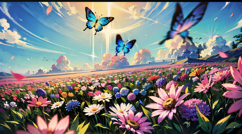 （Mono Color：0.9），（a color：1.1），（tmasterpiece：1，2）， best qualtiy， tmasterpiece， High- sharpness， Original， extremelydetailedwallpaper，From the picture, We can see the trees on the shore towering into the clouds，The branches are full of flowers，Flocks of butterflies dance among the flowers，In this garden-like world，It looks even more beautiful and sacred，cinema shot