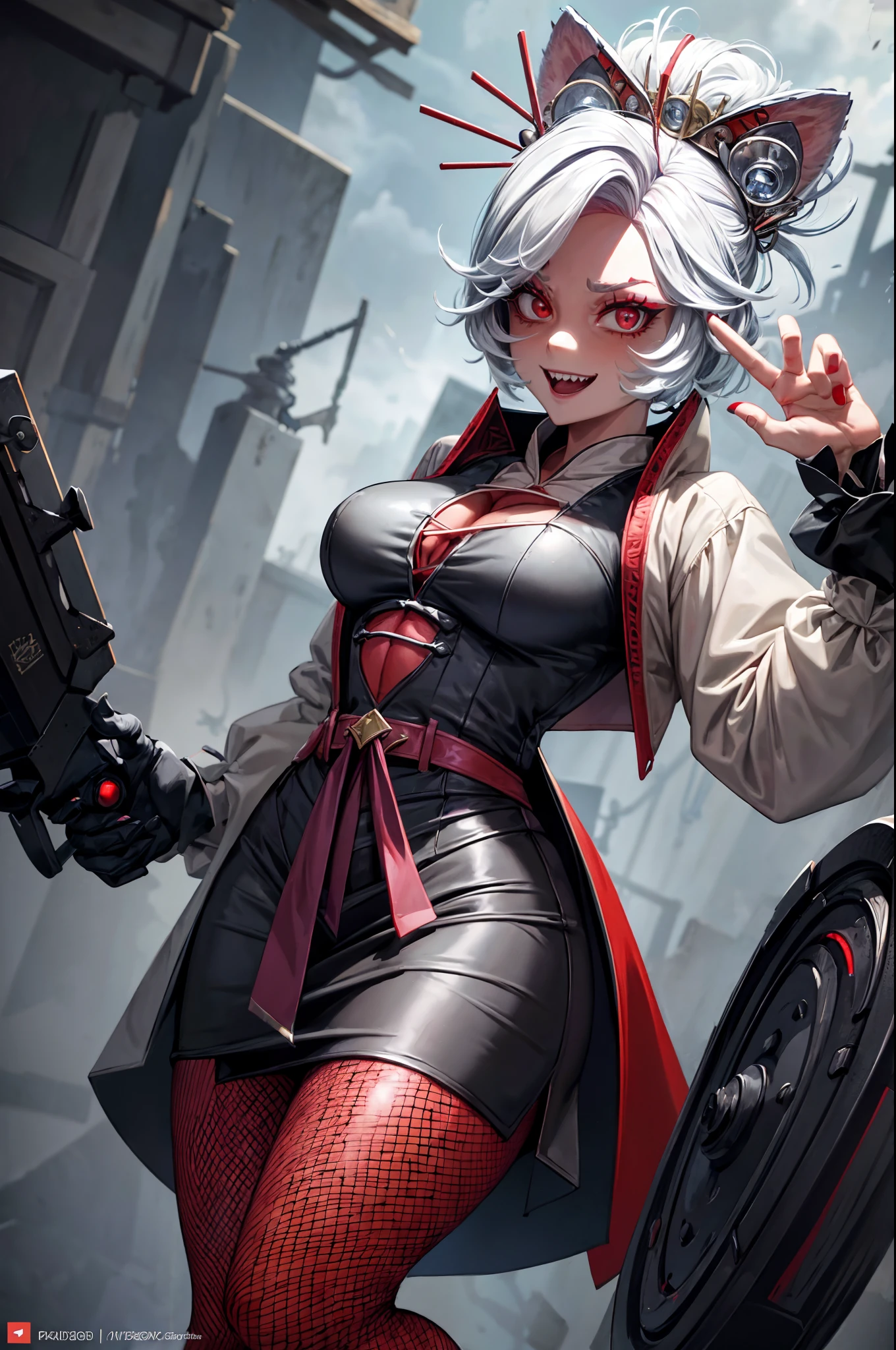 purah, glowing red eyes, grinning, sharp teeth, red fox ears, in a dark evil laboratory, thunder crackling, lightning, wearing black mad scientist coat, short black skirt, black fishnet leggings, black stiletto boots, Jojo pose, high quality, good anatomy, sharp focus, detailed eyes, perfect hands, electricity in background