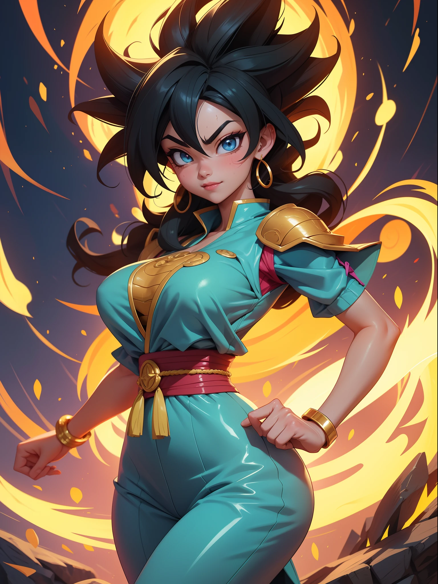 {((fully body photo,flatfoot,Straighten up,Dragon Ball anime style)},{((the lora/femele,,Extremelybeautiful)},{(((She wears Super Super Saiyan+Super Saiyans instinctively wear the costume of the Monkey King+The body is extremely tight))}。{Among futurists}。{She was sweating both in her clothes and body};{(she look at the viewer,Smiling,and clench your fist,Focus the aura of magic on her hand,In a frontal attack posture)}。Dragon Ball anime, high detal, anime big breast, 16k, UHD, retinas, retinas, Worms, anatomy correct, textureskin, super detailing, high high quality, awardwinning,Large breasts