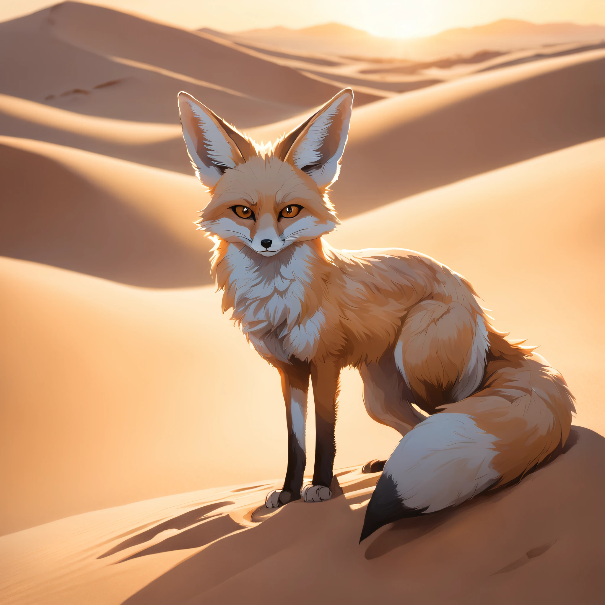 In a vast desert landscape, a majestic fennec fox emerges from the shadows of the setting sun. The fox's fur is a shimmering blend of sand and gold, and its eyes gleam with intelligence and curiosity. The fox pauses for a moment, surveying the world around it with a sense of wonder and awe. The scene is breathtaking, with towering sand dunes stretching out in every direction, and a lone palm tree standing tall and proud in the distance. The air is filled with the scent of sagebrush and the sound of wind whispering through the dunes. The fennec fox takes a step forward, and the world seems to come alive around it. It is a moment of pure magic, where the natural world comes together in harmony and beauty.