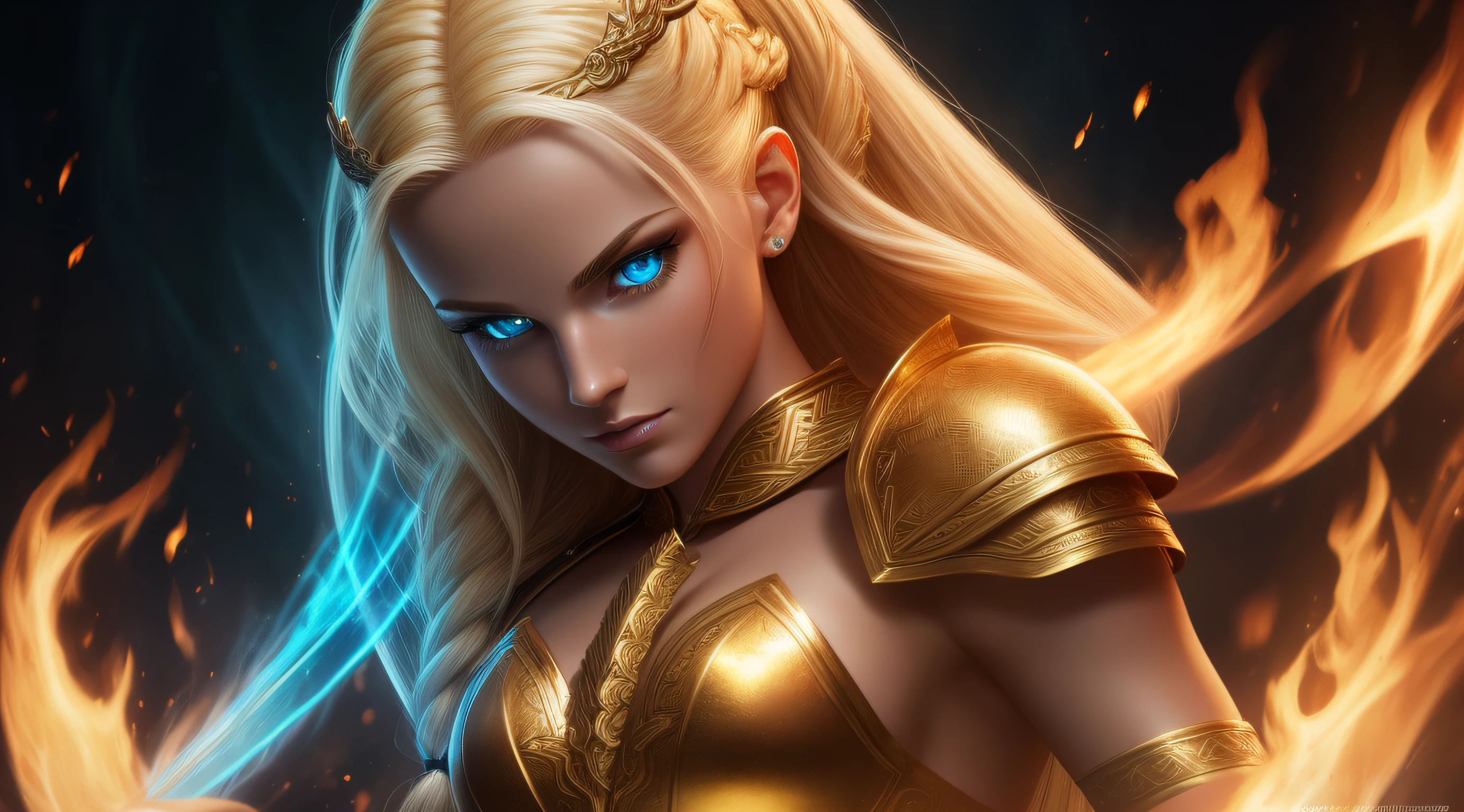 Glow, seductive, glowing blue eyes ,fire, platinum blonde ,(blonde:1.1), sexy , small chest, small breast, highly detailed eyes, (ultra photorealistic:1.3), (masterpiece:1.4), best quality, ((realistic)), high quality, ultra detailed, ((real image)), ((realistic skin)), ((realistic face)),(illustration:1.05), (beautiful:1.05), (beautiful detailed eyes:1.05), (cinematic light:1.1), turquoise blue detaches, model pose, , demonic ,evil, divine, angelic ,(glow:1.10) , fire ,Elemental, posing, 1 braided ponytail, detailed golden skimpy viking armor