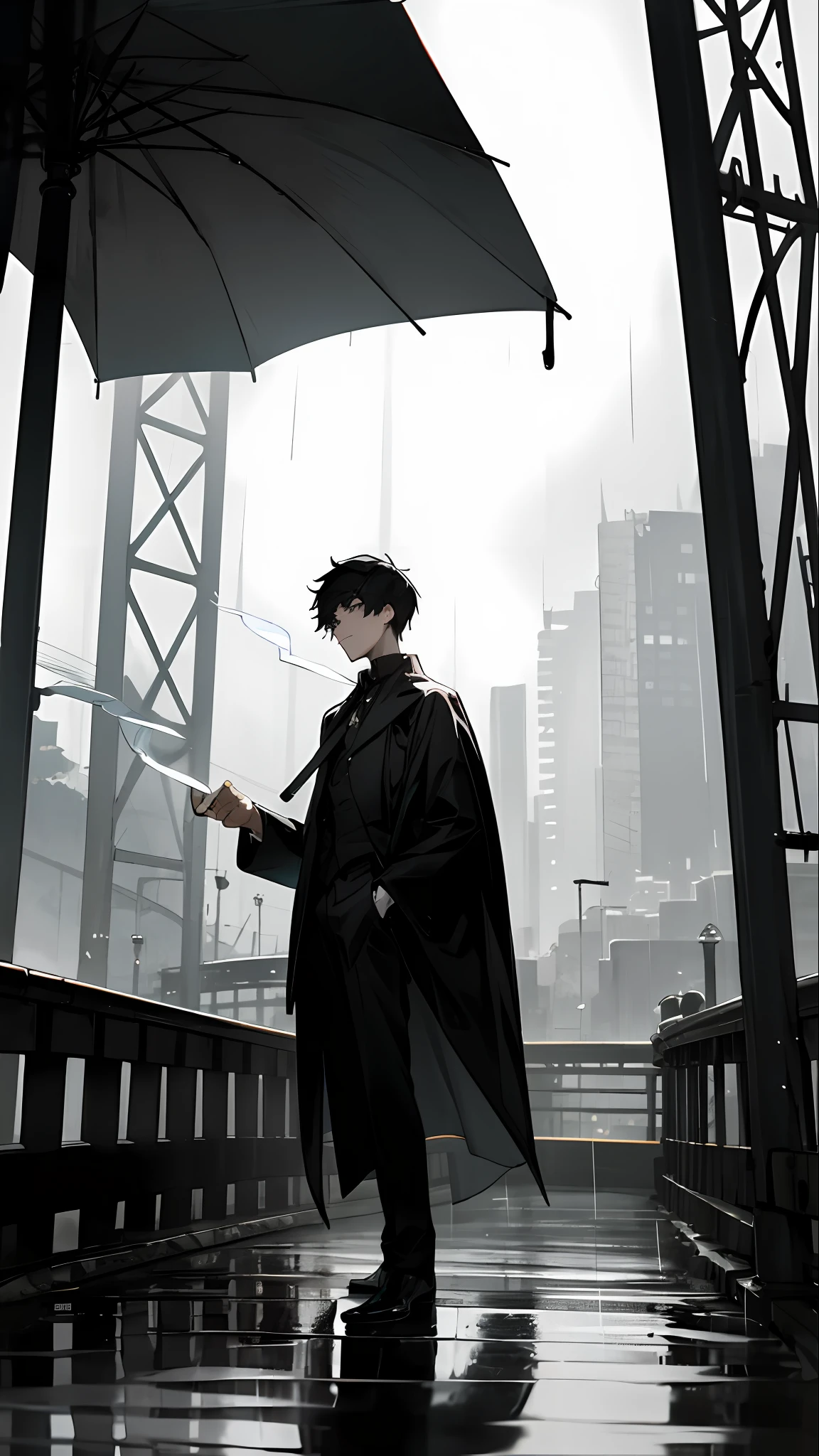 Rain curtain on a long bridge over the river in the background,A young man dressed in black holds a black umbrella in his left hand,Hold a lit cigarette in your right hand,Look out over the river in the distance