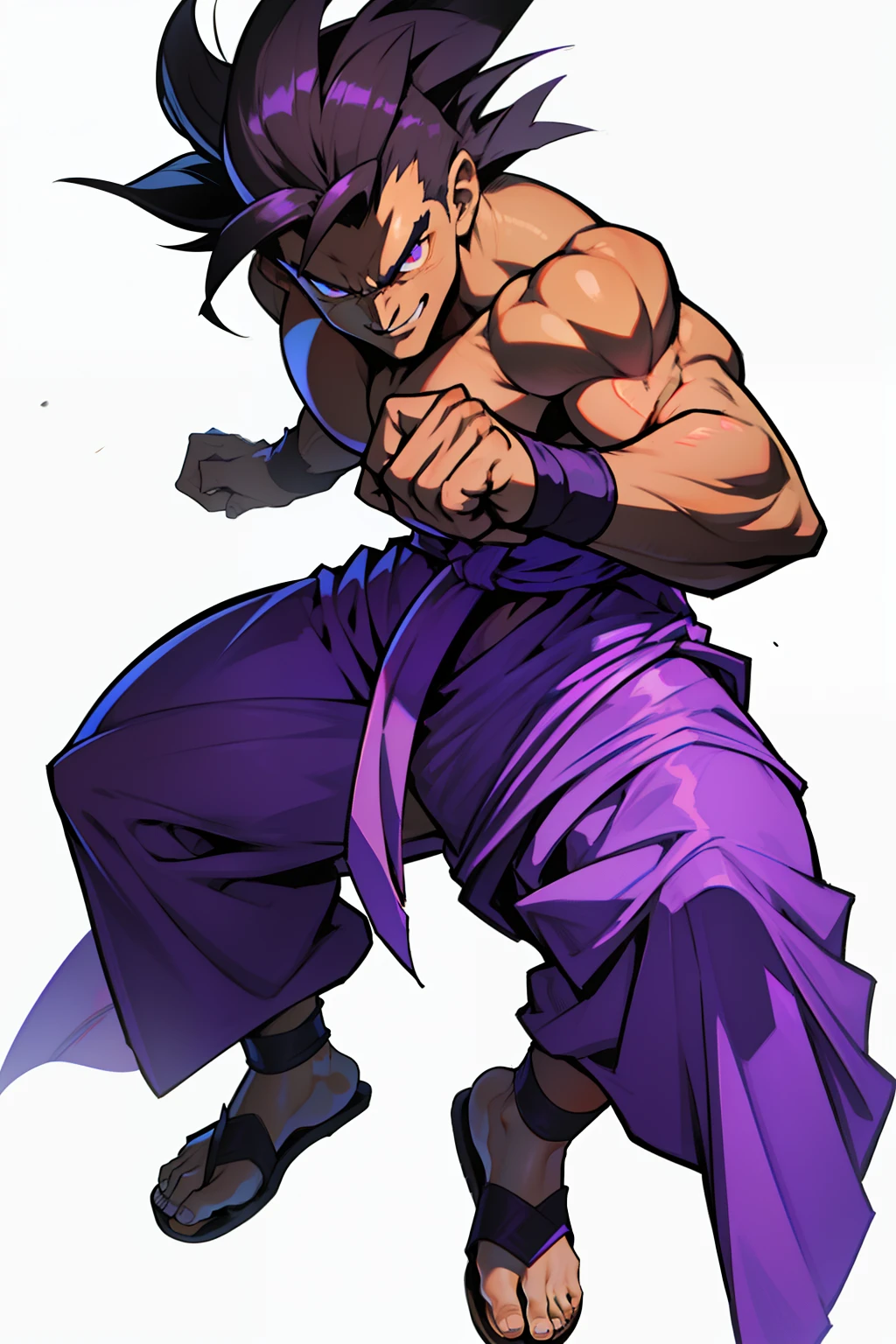 Khmer man warrior, full body to toes and feet, topless, short spikey hair, dark brown tanned, street fighter, random boxing pose, dark wizard clothing, (wearing loin cloth), red pupil, grinning, evil look, menacing, wearing brown sandals, (wearing all purple), white background,
