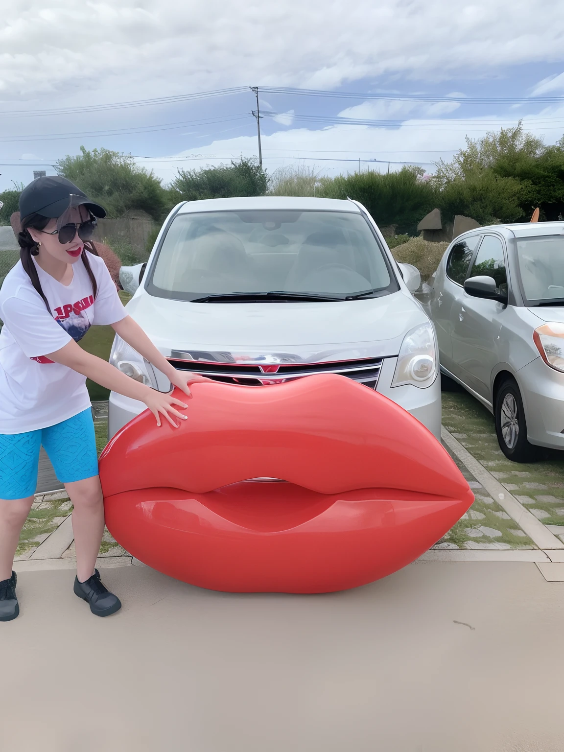 There is a woman holding an object in the shape of a huge red lip, Huge mouth, big red lips, kiss mouth to mouth, large lips, Red mouth, Big full lip, inflatable, Koons, quivering lips, licking out, large tongue, 🕹️ 😎 🚬, huge lips, taken with sony alpha 9, Big lips, both have red lips