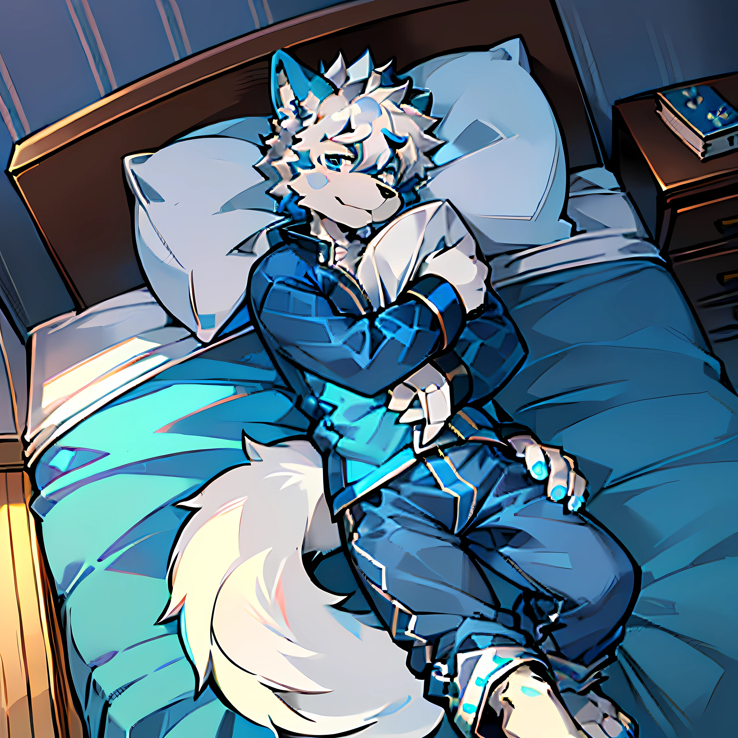 Barefoot WereGarurumon is lying on a bed, arms and legs spread, green light in his eyes, wearing red pajamas, his wrists chained to the bed and his ankles chained to the bed, detailed paws with bandages and claws, blue fur, in a trance, a look of resistance to hypnosis on his face, drooling.