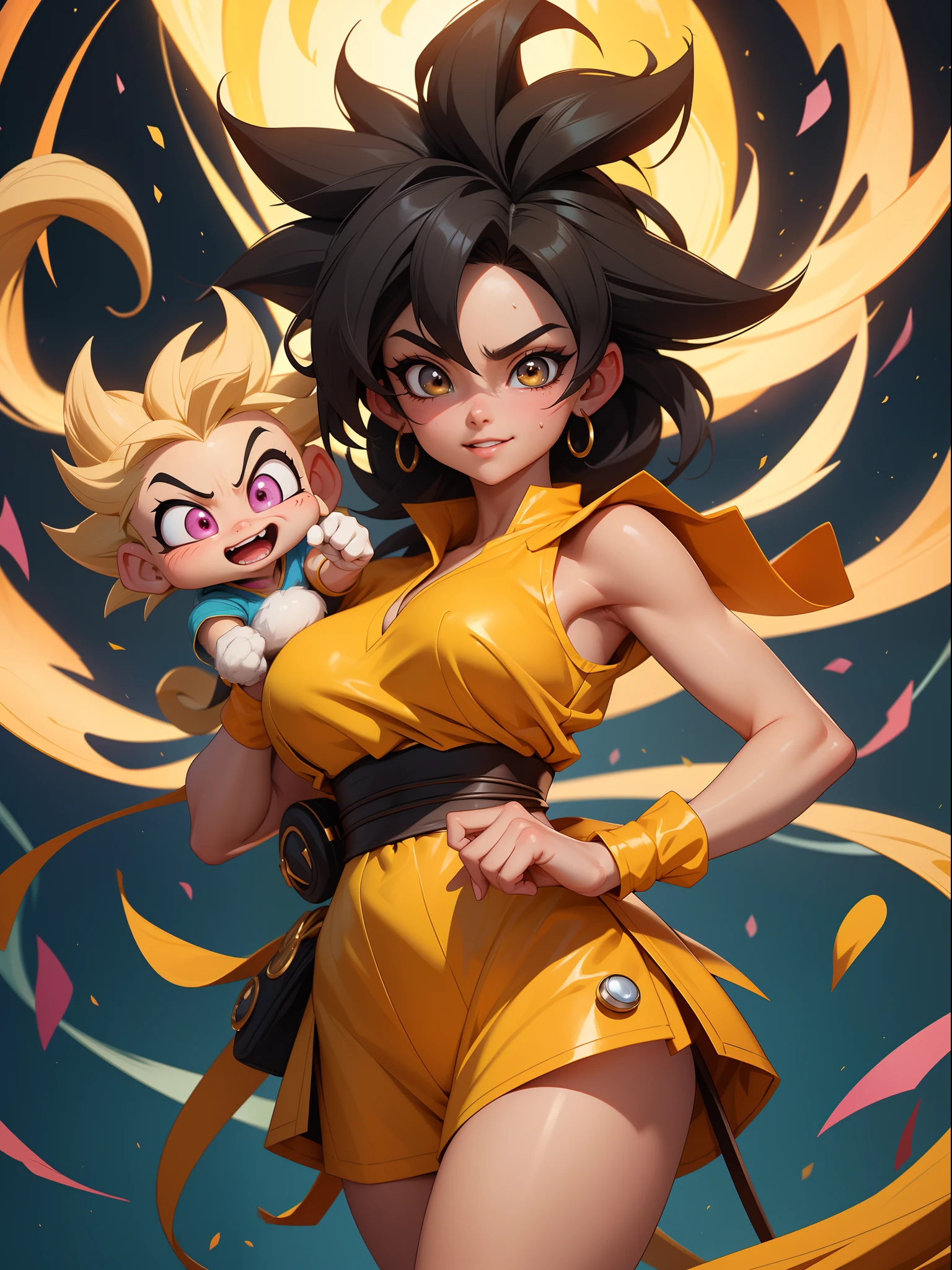 {（（fully body photo，flatfoot，Straighten up，Dragon Ball anime style）}，{（（the lora/femele，，Extremelybeautiful）}，{（（（She wears Super Super Saiyan+Super Saiyans instinctively wear the costume of the Monkey King+The body is extremely tight））}。{Among futurists}。{She was sweating both in her clothes and body};{（she look at the viewer，Smiling，and clench your fist，Focus the aura of magic on her hand，In a frontal attack posture）}。Dragon Ball anime， high detal， anime big breast， 16k， UHD， retinas， retinas， Worms， anatomy correct， textureskin， super detailing， high high quality， awardwinning，Large breasts