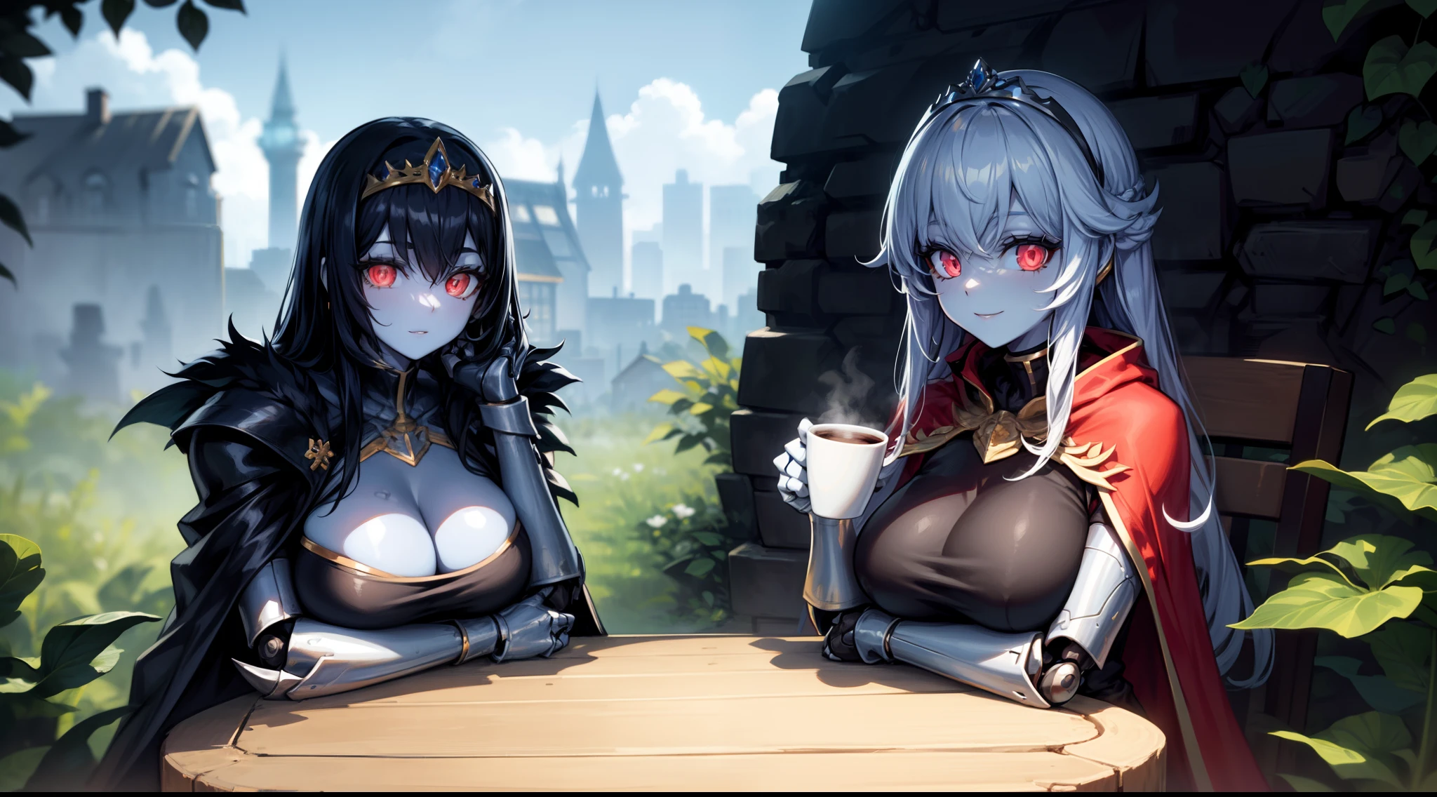 1girl,solo, robot girl, humanoid robot,robot joints,multicolor eyes,long hair, (colored skin),huge breasts,tiara, jewelry, armored dress,gold trim, sleeveles,cape,castle in background, (outdoors),garden,sitting,on throne,(coffee cup in hand),table,looking at viewer, light smile,close-up,upper body,