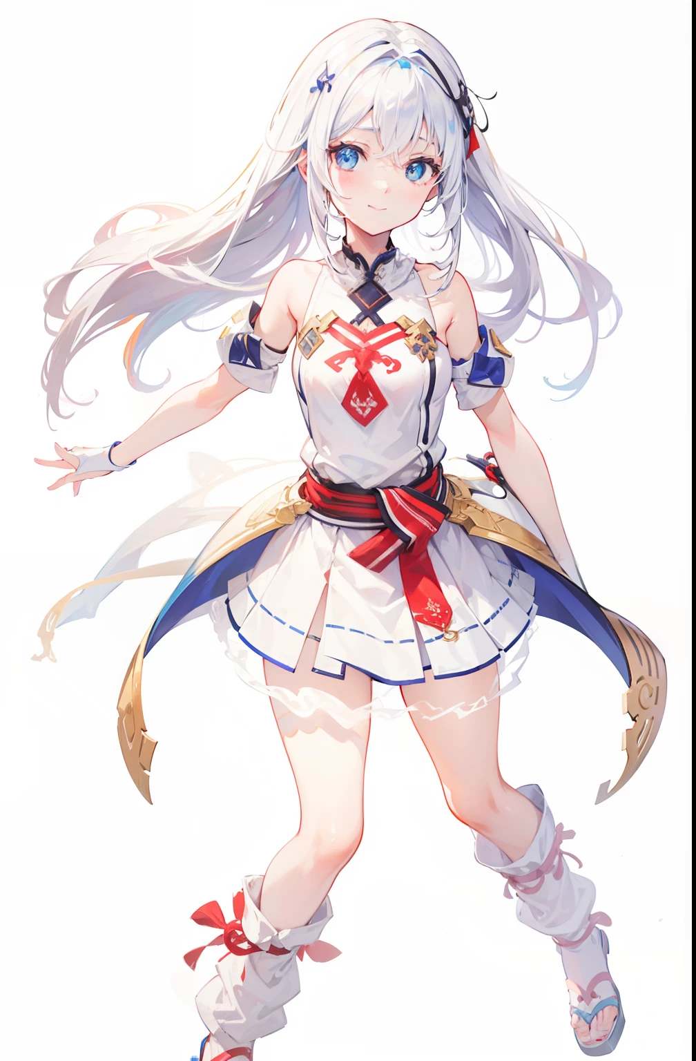 White background, Attractive Blue Eyes, animesque, disheveled hair that is down to the shoulders, white  hair, looking happy smile, full bodyesbian, No tie, Women's miniskirts, 14years, Anime-style beautiful girl, hyper detailed painting, luminism, 4K resolution, 3d rendered, octan render, complexly detailed, Cinematic, Trending in art stations,Isometric Centered Hyper Realistic Cover Photo Awesome Full Color, handdraw, big-boned, Realistic Musa, Intricate, hit definition, Cinematic, rough sketch, thickline, On paper,Red tie
