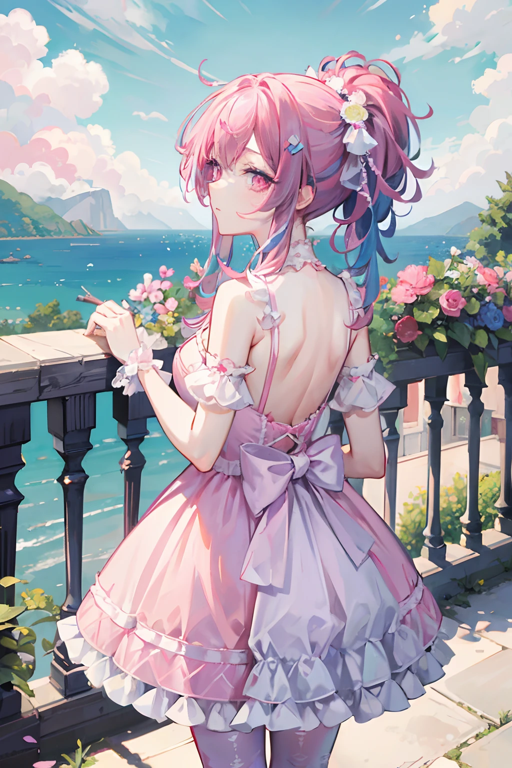 Balcony view , castle in back ground ,1girl , blue and pink hair , candy in hair , candy dress , (back view show full body) , sparkling eyes , sunsuet , looking at viewr , exsposed back , clouds , pink eyes , detalied eyes , pink shows , striped lace stockings, puffy dress , ta dress
