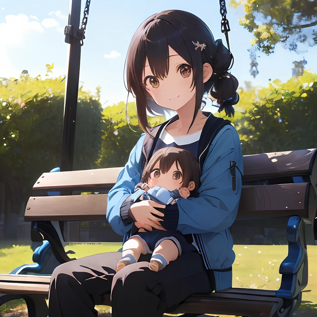 (masutepiece, Best Quality, Capture super cute moments, depth of fields, ultra-detailliert, Ultra High Resolution, C4D, Octadale, 3D Modeling, 8K, one girls、25-years old、A dark-haired、straight haired、Light brown eyes,hair adornments、Blue jacket、Black pants、(ssmile)、(Holding a baby)、(Sit on a park bench)、(The swing is behind)、