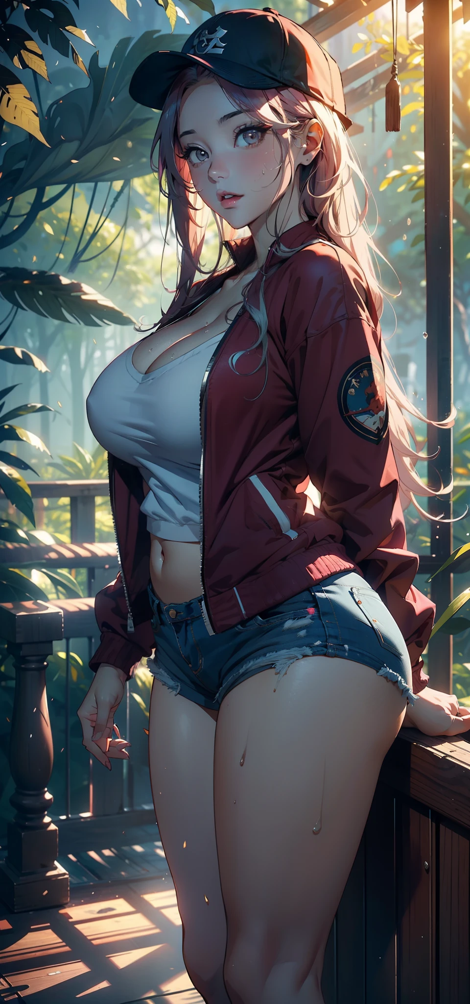 1female，35yo，熟妇，gigantic cleavage breasts，Big breasts Thin waist，long leges，Pornographic exposure， 独奏，（Background with：ln the forest，the rainforest，in summer） She has long pink hair，standing on your feet，Sweat profusely，drenched all over the body，seen from the front， hair straight， mostly cloudy sky，（（（tmasterpiece），（Very detailed CG unity 8K wallpaper），best qualtiy，cinmatic lighting，detailed back ground，beatiful detailed eyes，Bright pupils，（Very fine and beautiful），（Beautiful and detailed eye description），ultra - detailed，tmasterpiece，）），facing at camera，（Full body photo），Show shoes，A high resolution，ultra - detailed），revealing breasts，Bare genitalia， Lower body elevation，Raised sexy，Camel toes，Flushed complexion，Open-mouthed，frontage，baseball cap（Wearing：Red baseball jacket，Clear shorts，athletic sneakers）nakeness，full bodyesbian，Show shoes