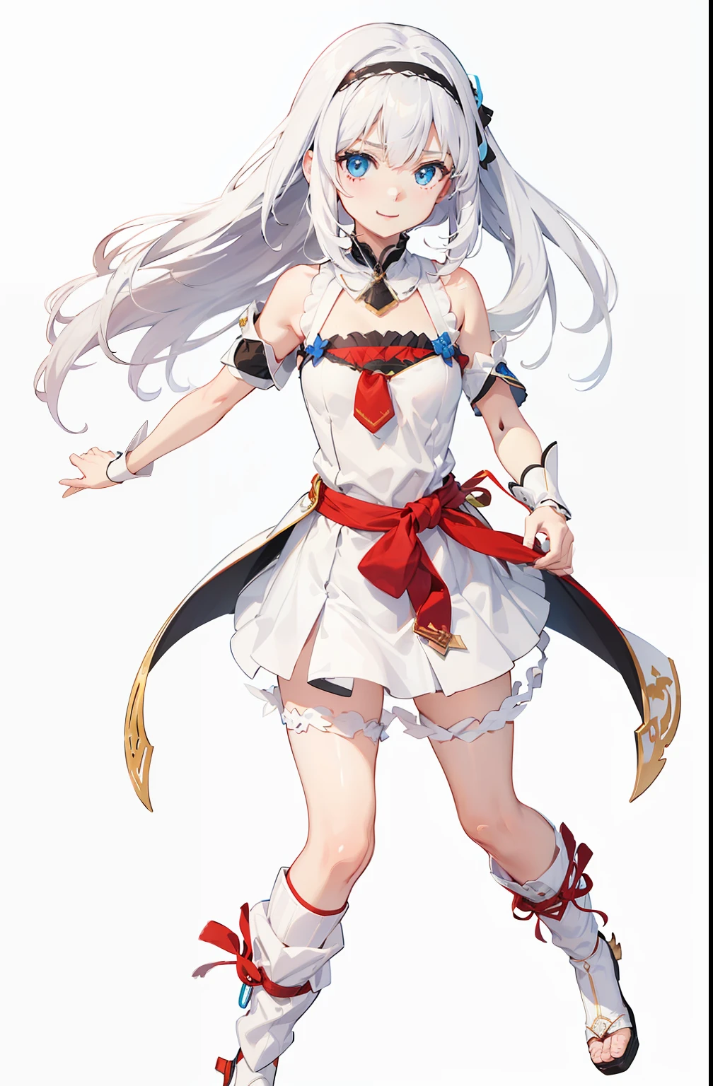 White background, Attractive Blue Eyes, animesque, disheveled hair that is down to the shoulders, white  hair, looking happy smile, full bodyesbian, No tie, Women's miniskirts, 14years, Anime-style beautiful girl, hyper detailed painting, luminism, 4K resolution, 3d rendered, octan render, complexly detailed, Cinematic, Trending in art stations,Isometric Centered Hyper Realistic Cover Photo Awesome Full Color, handdraw, big-boned, Realistic Musa, Intricate, hit definition, Cinematic, rough sketch, thickline, On paper,Red tie