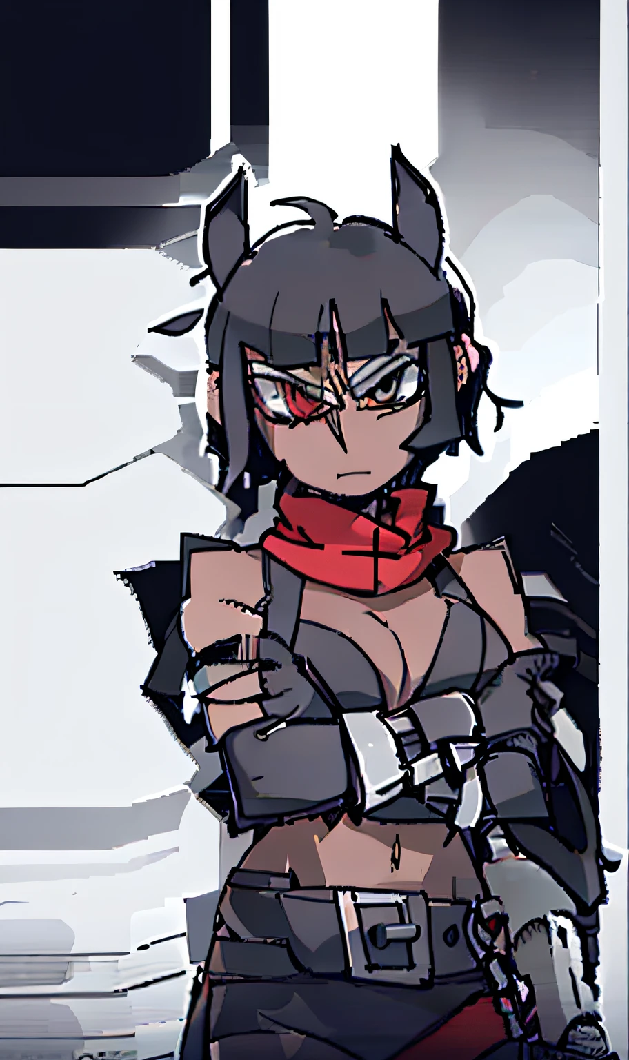 shoulder-length short hair, slanted bangs, Black color hair, Golden eyes，Girl with cat ears, looking to the camera, Red scarf, assassins, battleground background, Depth of field, Sparkle, hyper HD, Best quality, 4K