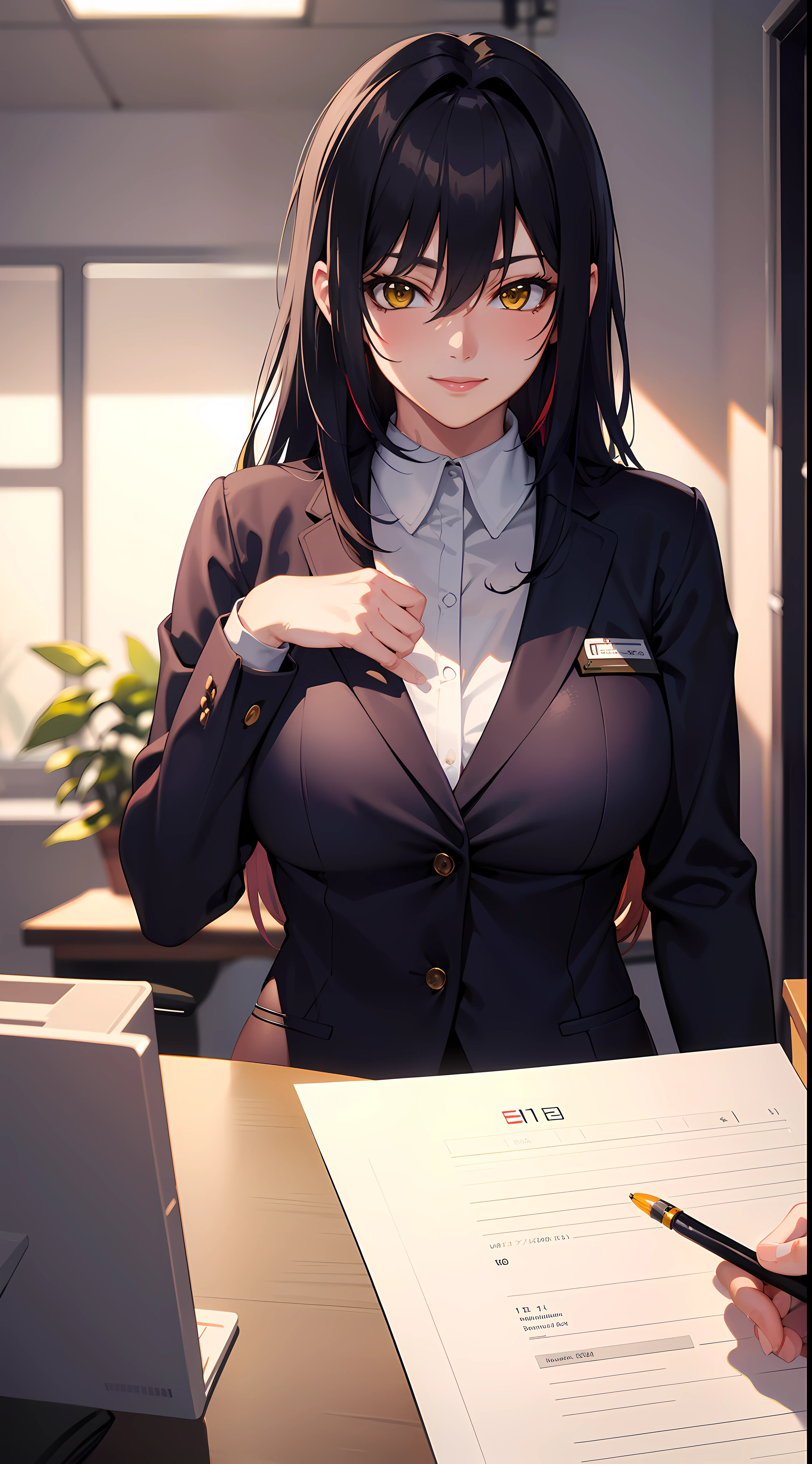 one-girl,little breast,Off-the-shoulder attire,cleavage,sportrait,upperbody closeup,office room,file bag,Business suit,is shy,Be red in the face,office desk,blackstockings