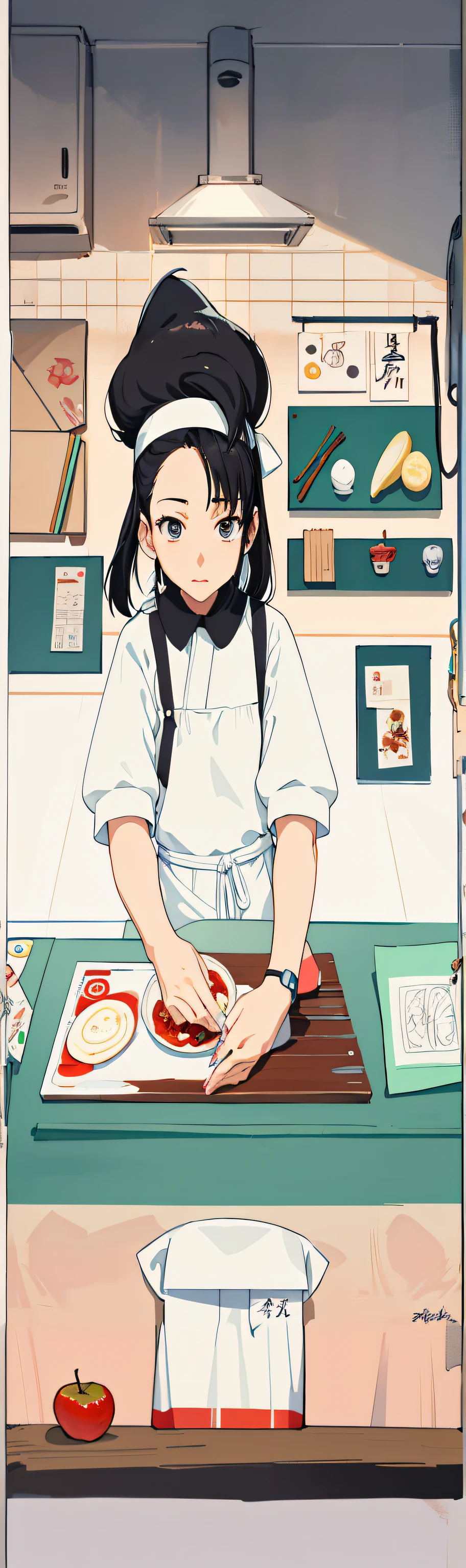 Anime girl preparing food in kitchen preparing food on cutting board, Cooking, the wallpaper!, anime food, offcial art, In the kitchen, cooking show, inspired by Tsuruko Yamazaki, , Anime style illustration, In a kitchen, Detailed fanart, official fanart, slice of life anime, fubuki, illustration!, Official illustration Wood color on the top,Put apples on the windowsill below