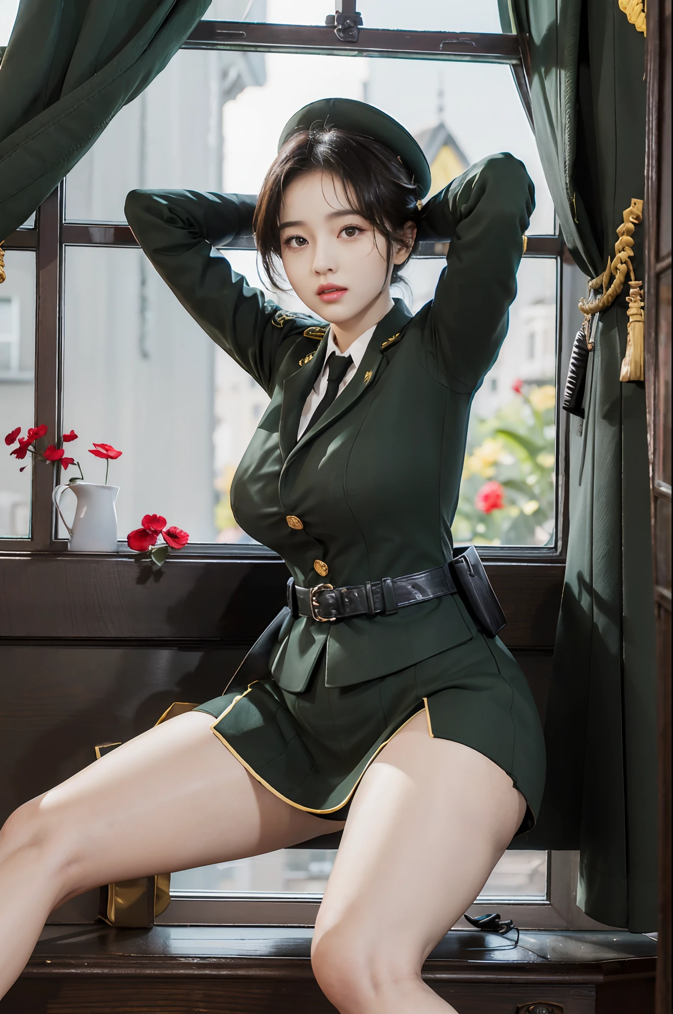 Very detailed CG unity 8K wallpaper，（tmasterpiece），（best qualtiy），（ultra - detailed），（Ultra photo realsisim），（best character detail：1.36），Nikon D750 f / 1.4 55mm，profesional lighting， physically-based renderingt, 1girll, Female soldier，army suit，((Green military uniform，Military dress，Lined white shirt):1.3，Dark green tie)，(Army green skirt)，military hat，Black hair，the golden ratio,[:(com rosto detalhado:1.2):0.2]:,PureErosFace_V1, broad shoulder,(Plump breasts:1.5),(Bigchest:1.5),(big assa:1.5)，Wide buttock ，Bare legged，Plump legs，White panties are slightly exposed at the bottom of the skirt，whitestocking，without wearing shoes，Soaked with sweat，red flags，In the square，bright sun，Bright smile，White teeth，lighting，Contre-Jour，