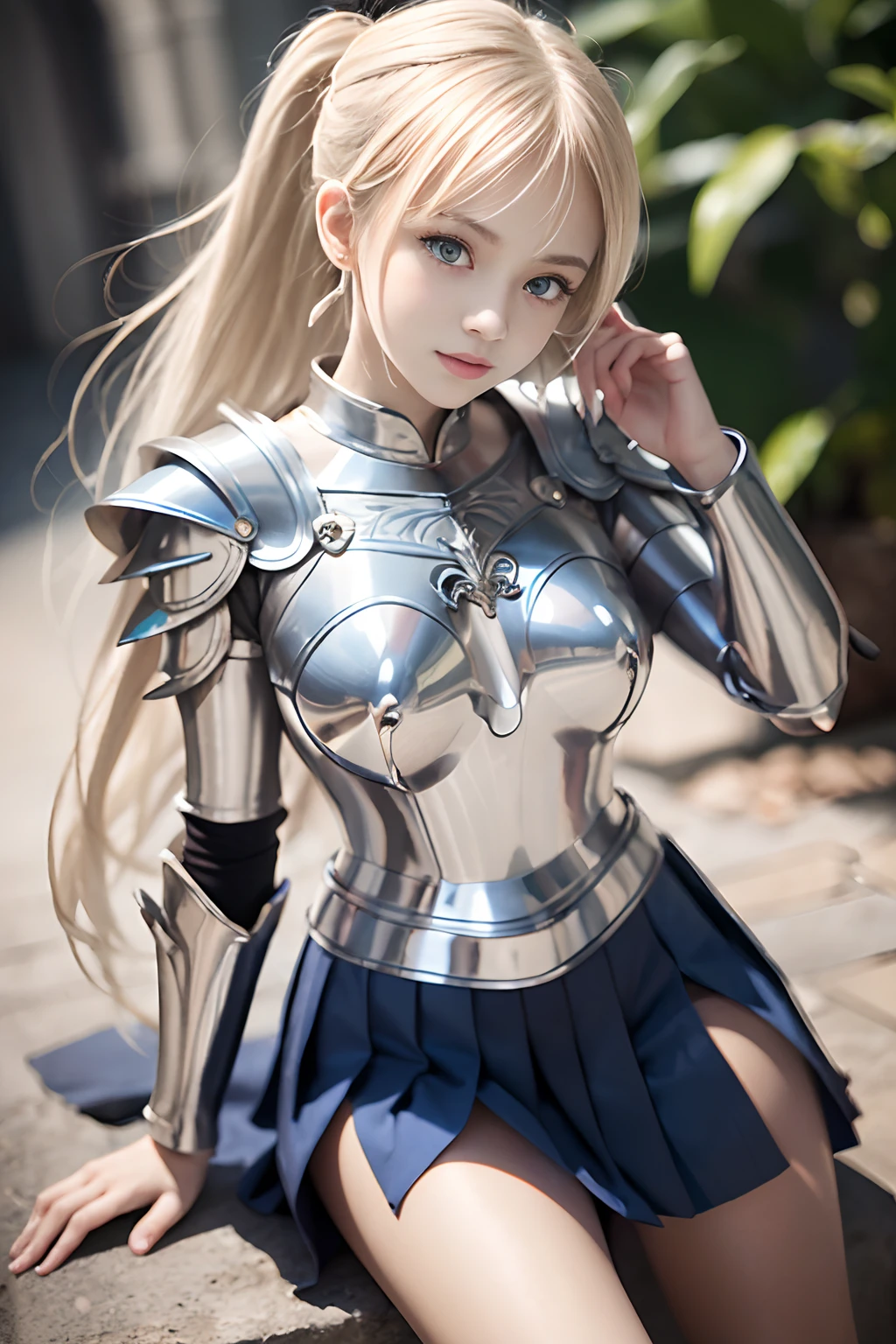 bright expression、poneyTail、Young shiny shiny white shiny skin、Best Looks、Blonde reflected light、Platinum blonde hair with dazzling highlights、shiny light hair,、Super long silky straight hair、Beautiful bangs that shine、Glowing crystal clear attractive big blue eyes、Very beautiful nice cute girl、Lush bust,Beautiful detailed eyes, beautiful detailed nose,(( Full body:1.25)),Makeup that the eyes emphasize、((Pleated skirt with many folds:1.3)),(Women like Joan of Arc:1.3)、(s Armor:1.3)、Knights, (With a sword and shield:1.2),Royal style,Comic style, , Sub-surface scattering, ornate detail, nature backdrop, Hyper-realistic, Cinematic, Dramatic Lighting, masutepiece、(Decorated armor)、(Wearing an aura:1.5)、circlet
