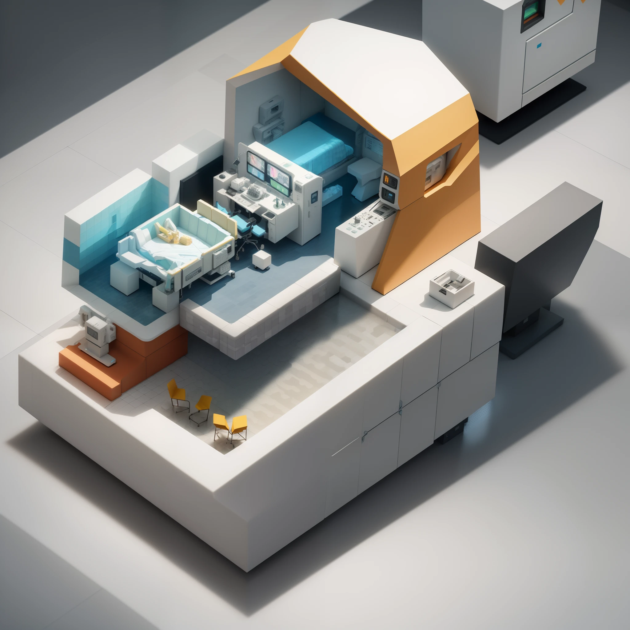 (Isometric perspective:1.5),Hospital environment,Medical device equipment,MRI scanner,white backgrounid,Global illumination,Ray traching,Modeling,hdr,Octane rendering,unreal render,behans,dribbble,art stations,best qualtiy,8K,(Intricate details:1.14), (hyperrealistic 3 d render:1.16), (cinematic ligh:0.55)