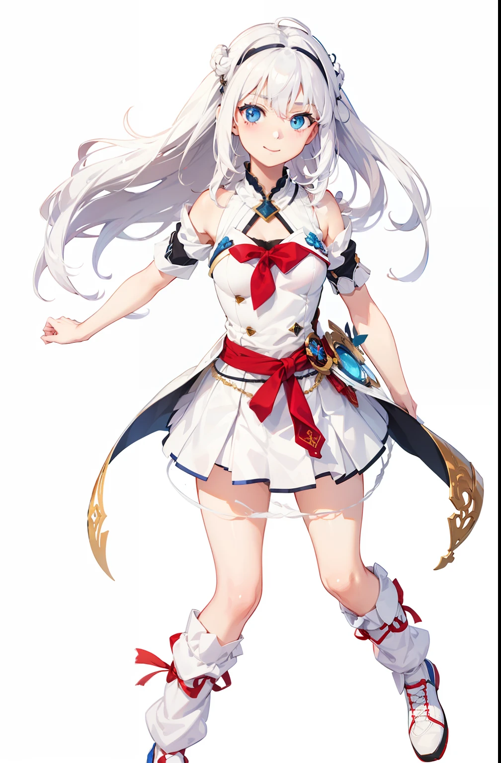 White background, Attractive Blue Eyes, animesque, disheveled hair that is down to the shoulders, white hair, looking happy smile, full bodyesbian, No tie, Women's miniskirts, 14years, Anime-style beautiful girl, hyper detailed painting, luminism, 4K resolution, 3d rendered, octan render, complexly detailed, Cinematic, Trending in art stations,Isometric Centered Hyper Realistic Cover Photo Awesome Full Color, handdraw, big-boned, Realistic Musa, Intricate, hit definition, Cinematic, rough sketch, thickline, On paper,Red tie