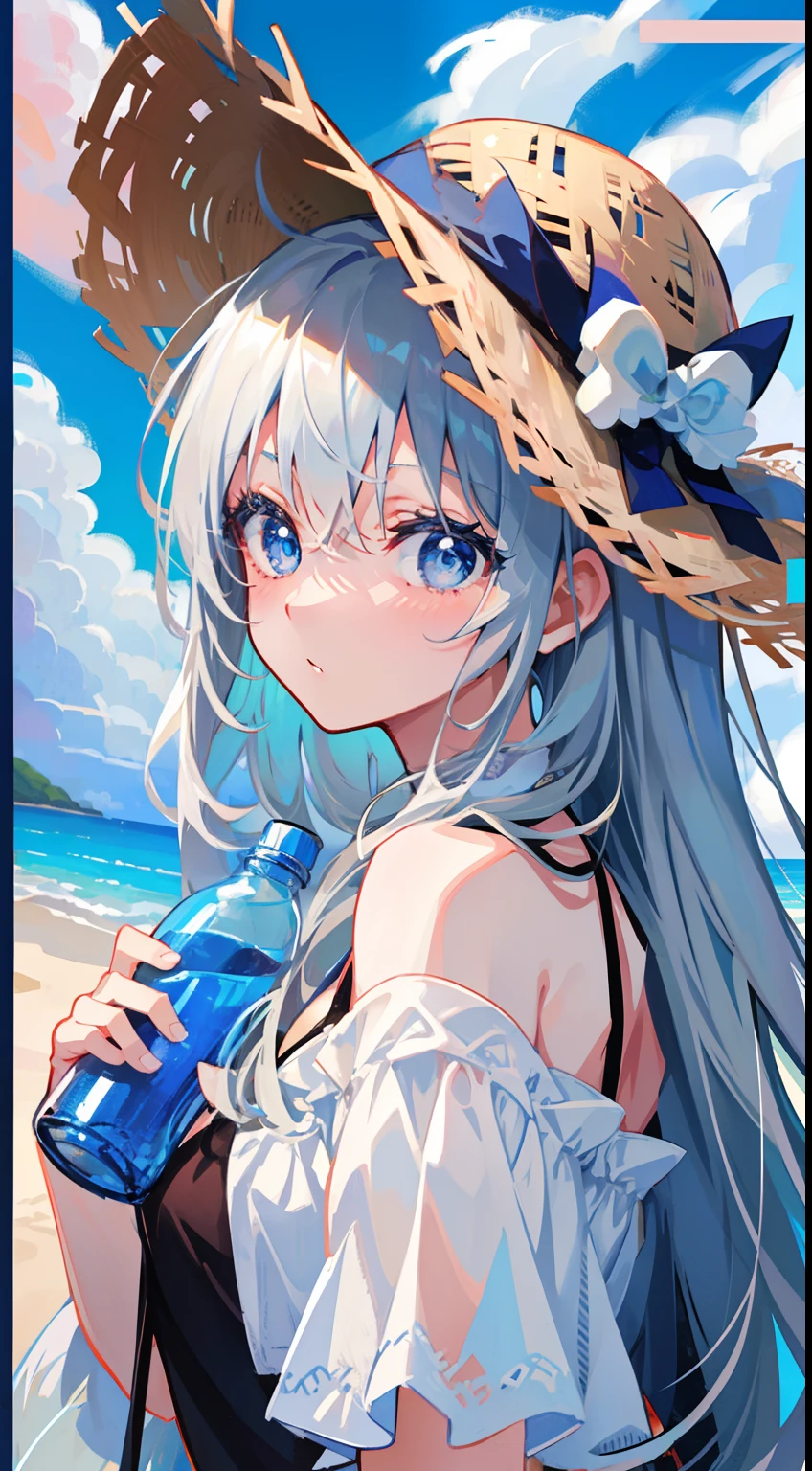 Become a woman。Female with rabbit ears。Silver-haired long-haired woman。Woman with light blue eyes。Woman in straw hat、I'm on the beach。I am holding a hat in my right hand.。The left hand holds a plastic bottle。It is an anime-style illustration。Beautiful with the best image quality。