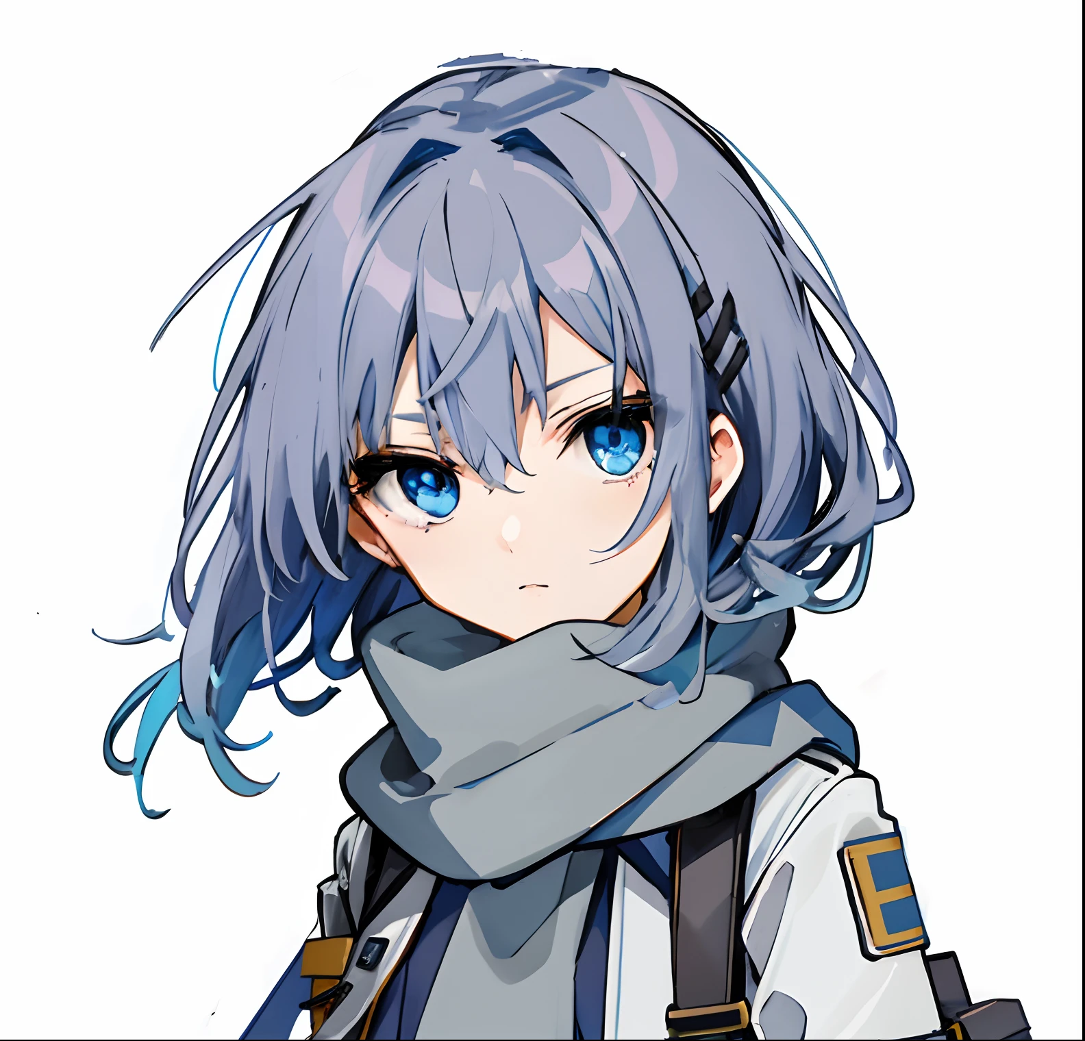Anime girl with blue eyes and scarf, Short hair,side locks,hair intakes,Expressionless,wind coat,Skirt,Scarf, mitts, leg belt, arm belt, hair pin, ,mitts ,hat ribbon,simplebackground