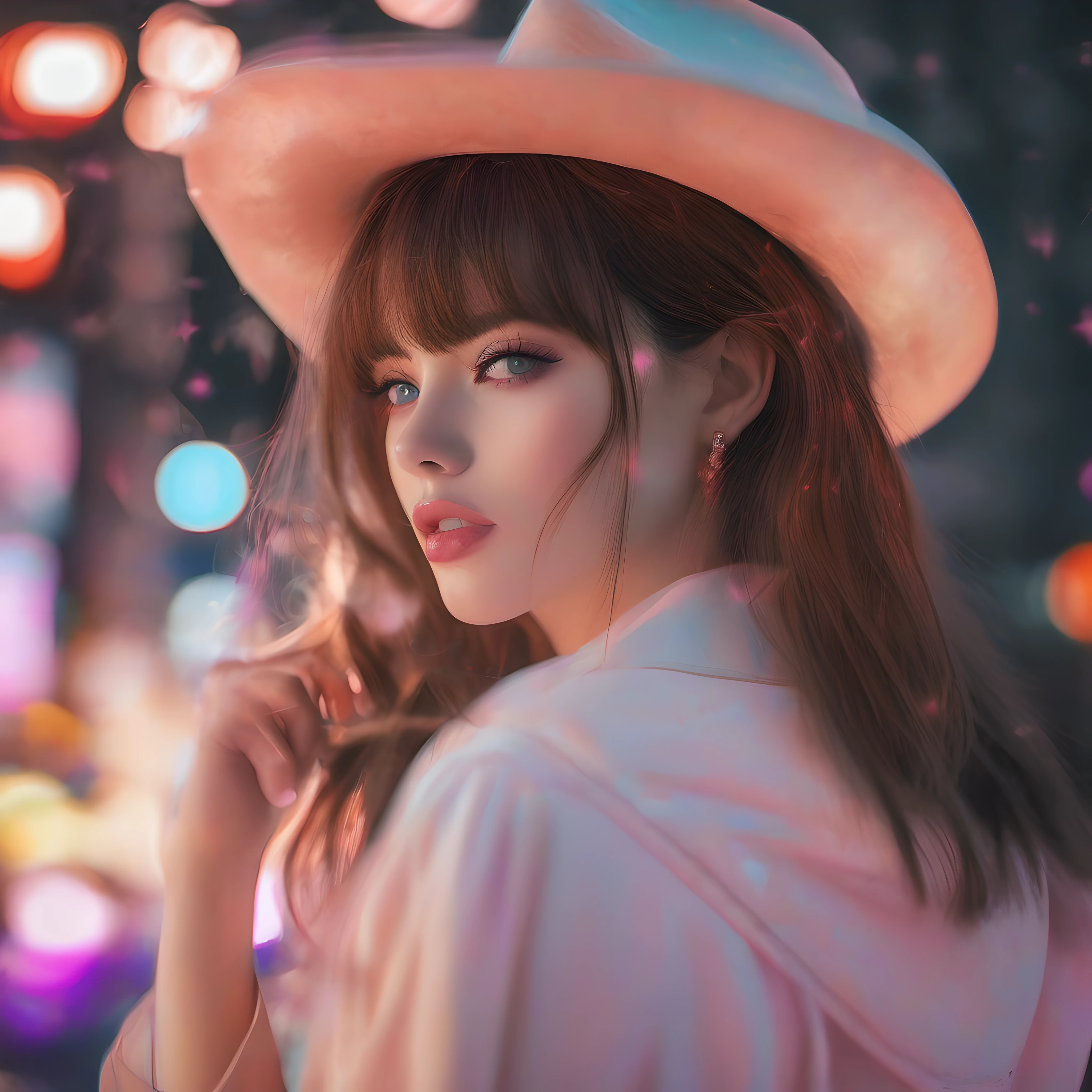 realistic,delicate, postapocalyptical setting, neon lightbeams, orange neon lights, city lights, wallpaper with neon lighting, masterpiece,depth of field ,(detailed eyes detailed pupils:1.3) caucasian, pale girl, european girl,1girl,(makeup:0.8),beautiful detailed, colourful, finely detailed, intricate details, instagram, (black hair + messy long hair 1.3), blunt bangs, (50mm Sigma f/1.4 ZEISS lens, F1.4, 1/800s, ISO 100, photograpy:1.1), (white pajamas:1.3),closed mouth, night,(,cowboy_shot, (from side:1.2),(detail fingers:1.3),1girl, full body shot, sitting, face close to viewer, legs far away from viewer, blushed cheeks, winking eye, clear eyes, big eyes, green eyes, undereyebag makeup, blush blush