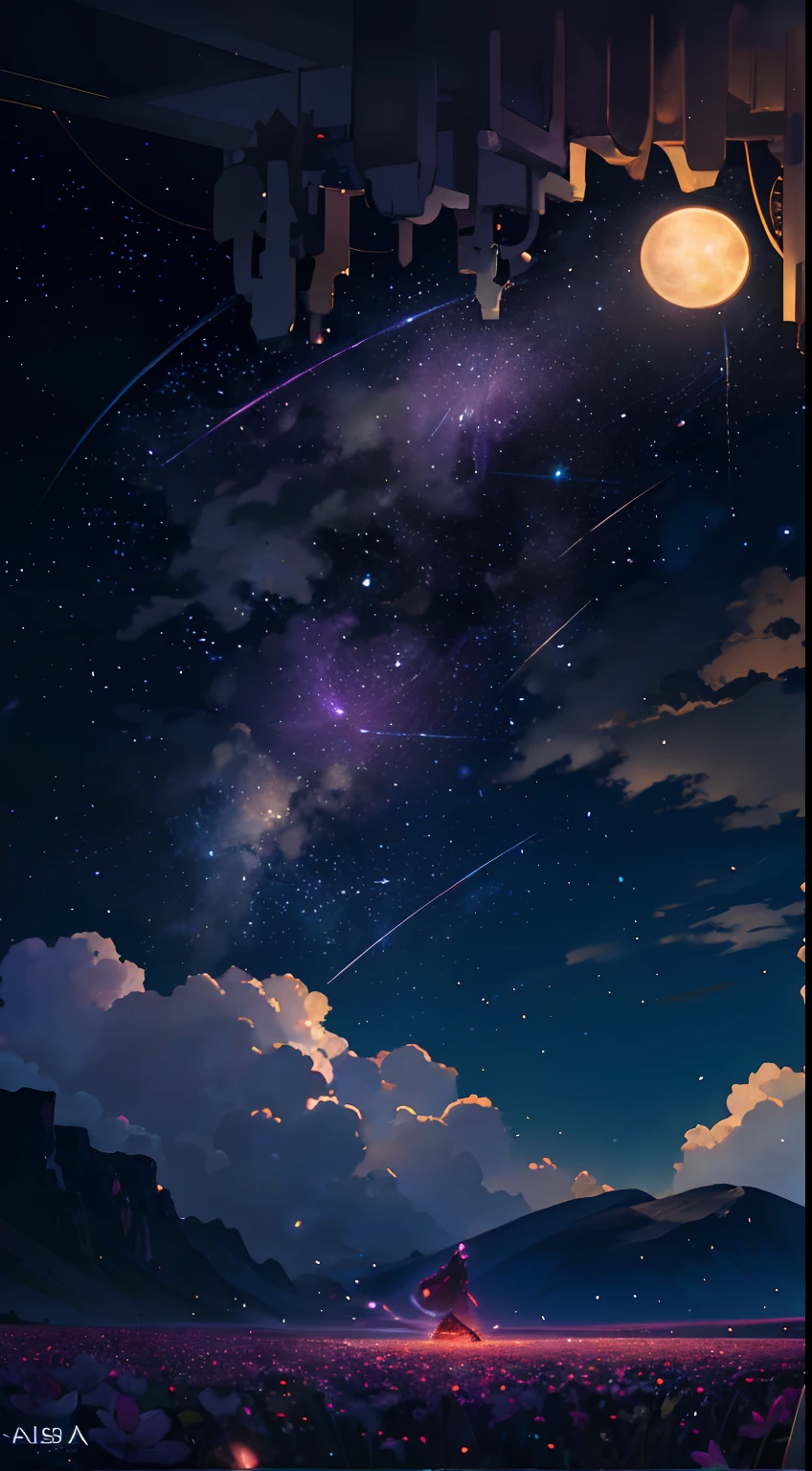 Vast landscape photo, (viewed from below, the sky is above and the open field is below), a girl standing on a flower field looking up, (full moon: 1.2), (meteor: 0.9), (nebula: 1.3), distant mountains , Trees BREAK Crafting Art, (Warm Light: 1.2), (Fireflies: 1.2), Lights, Lots of Purple and Orange, Intricate Details, Volumetric Lighting, Realism BREAK (Masterpiece: 1.2), (Best Quality), 4k, Ultra-Detailed, (Dynamic Composition: 1.4), Very Detailed, Colorful Details, (Rainbow Colors: 1.2), (Glow Lighting, Atmospheric Lighting), Dreamy, Magical, (Solo: 1.2)